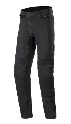 Alpinestars SP Pro Pants, pantalon de moto technique, noir, denim extensible coupe ajustée avec panneaux d'aisance en accordéon aux genoux, poches latérales zippées et triples coutures durables