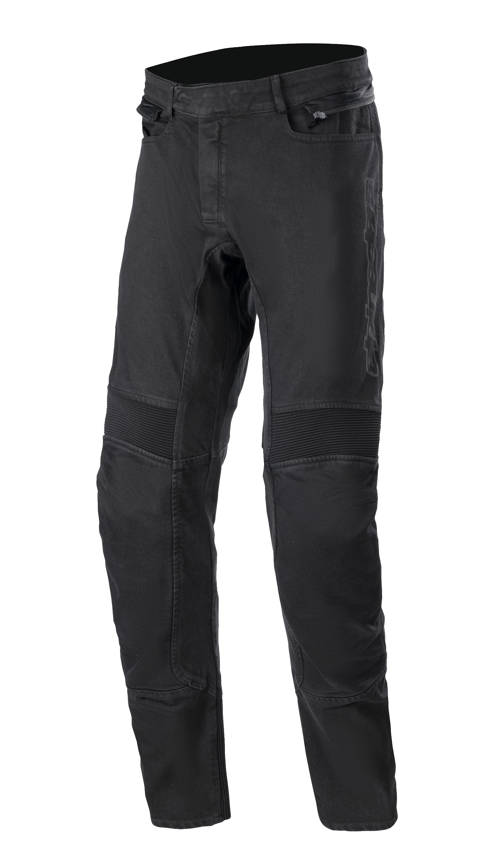 Alpinestars SP Pro Pants, Technical Motorcycle Riding Pants, Black, slim fit stretch denim with ribbed accordion flexibility panels at the knees, zippered side pockets, and durable triple stitching.