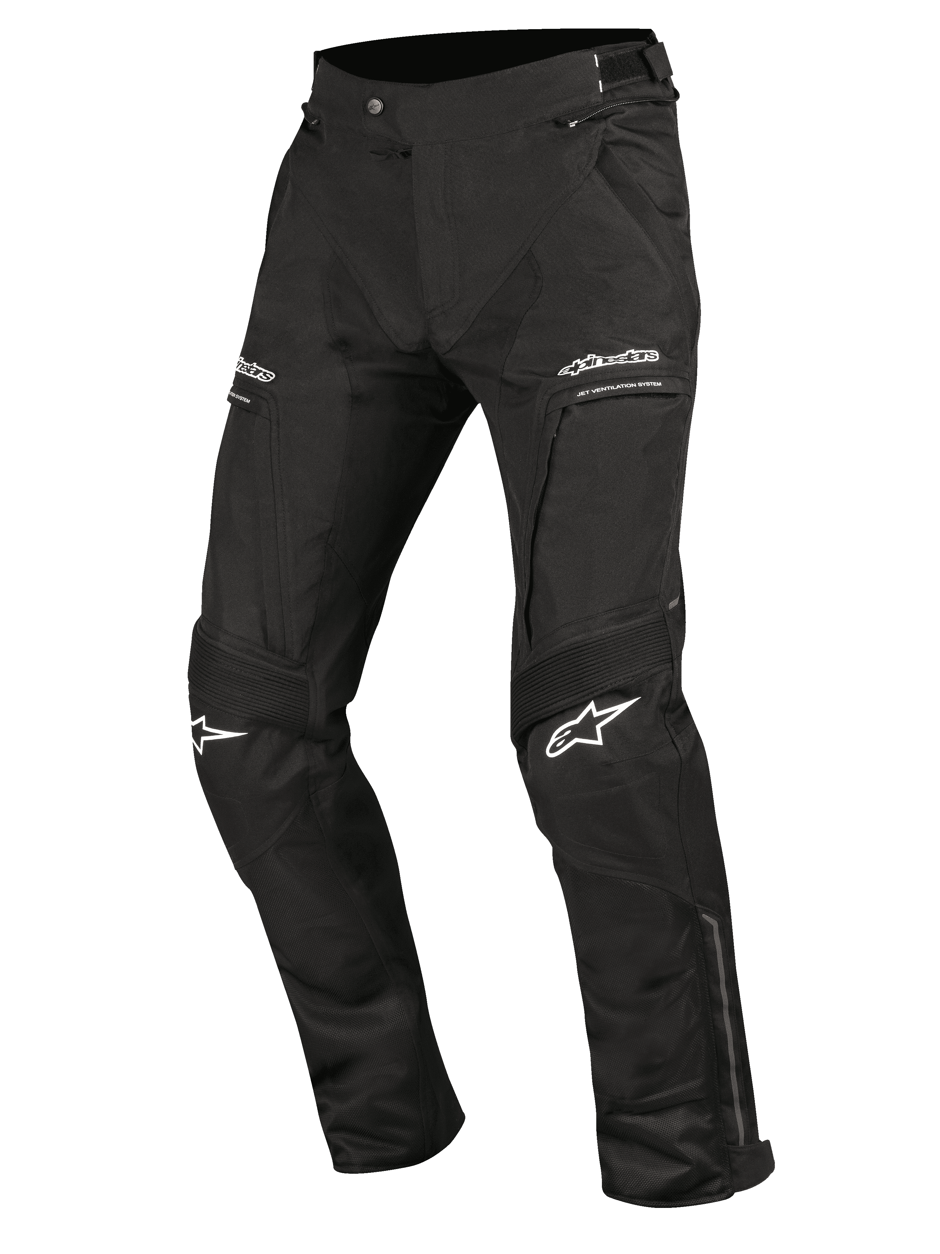 Alpinestars Ramjet Air Pants, pantalon de moto, noir, avec panneaux de ventilation en mesh, empiècements extensibles en accordéon aux genoux, logos blancs sur les cuisses et les genoux, poches zippées et construction textile multi-panneaux robuste pour le touring routier