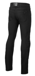 Alpinestars Cult-8 Stretch Denim, Black Rinse, vue arrière de jean de moto, coupe droite regular fit, avec poches arrière et écusson logo en cuir embossé sur la ceinture, style urbain décontracté.