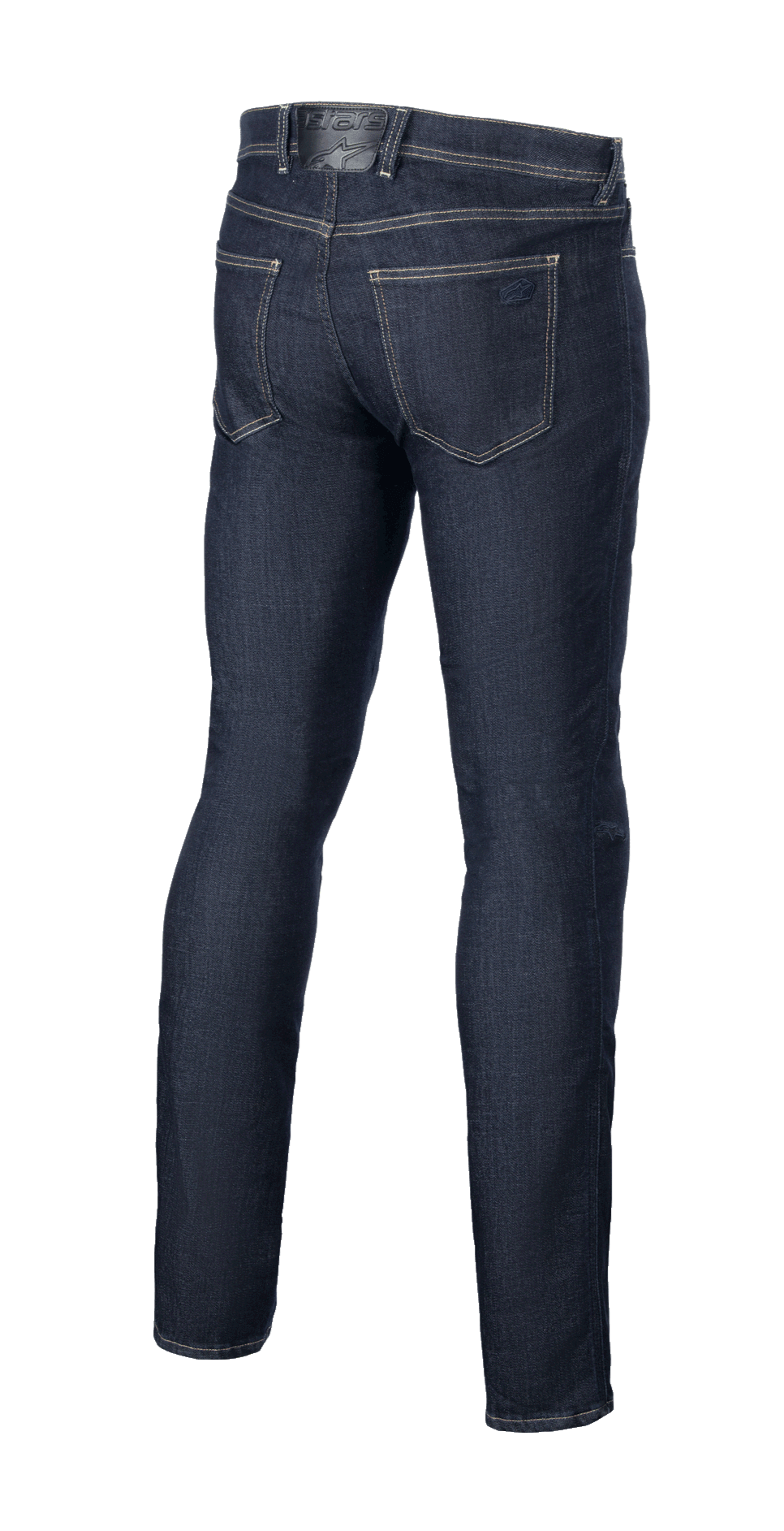 Pantalon Alpinestars Cult-8 Stretch Denim, Rinse Blue, vue arrière, doté d'une conception à cinq poches avec broderie du logo ton sur ton sur la poche arrière, coupe régulière décontractée avec jambe droite, jean de protection pour la moto.