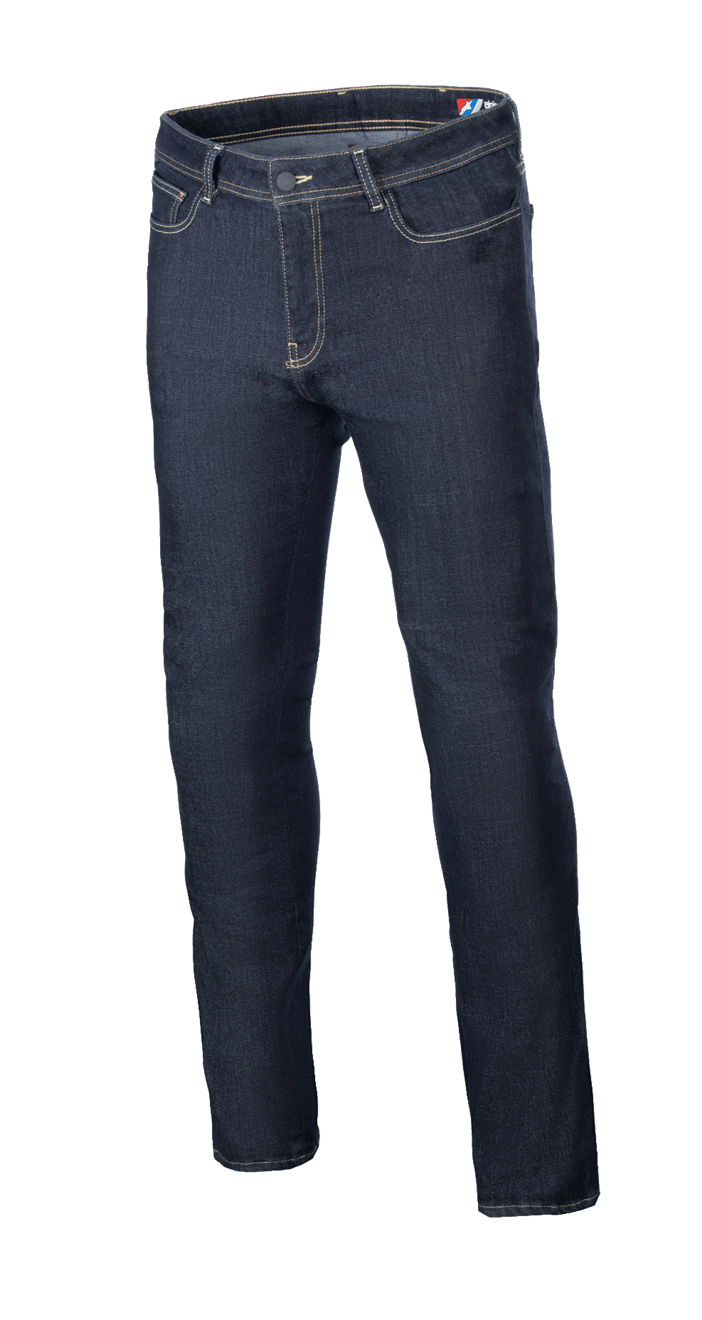 Alpinestars Cult-8 Stretch Denim Pants, jean de moto bleu foncé, coupe régulière à jambe droite, surpiqûres contrastées, design à cinq poches et denim extensible