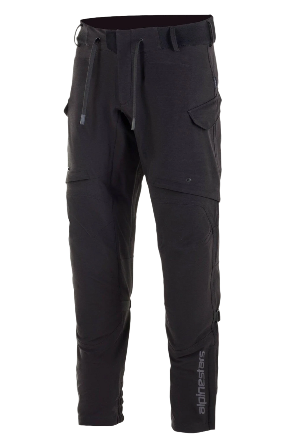 Pantalon imperméable Alpinestars Juggernaut, pantalon de moto, noir, construction en softshell avec membrane imperméable, ouvertures de ventilation aux cuisses, poches cargo zippées, taille élastiquée avec cordons de serrage et chevilles élastiquées, équipement de conduite urbaine