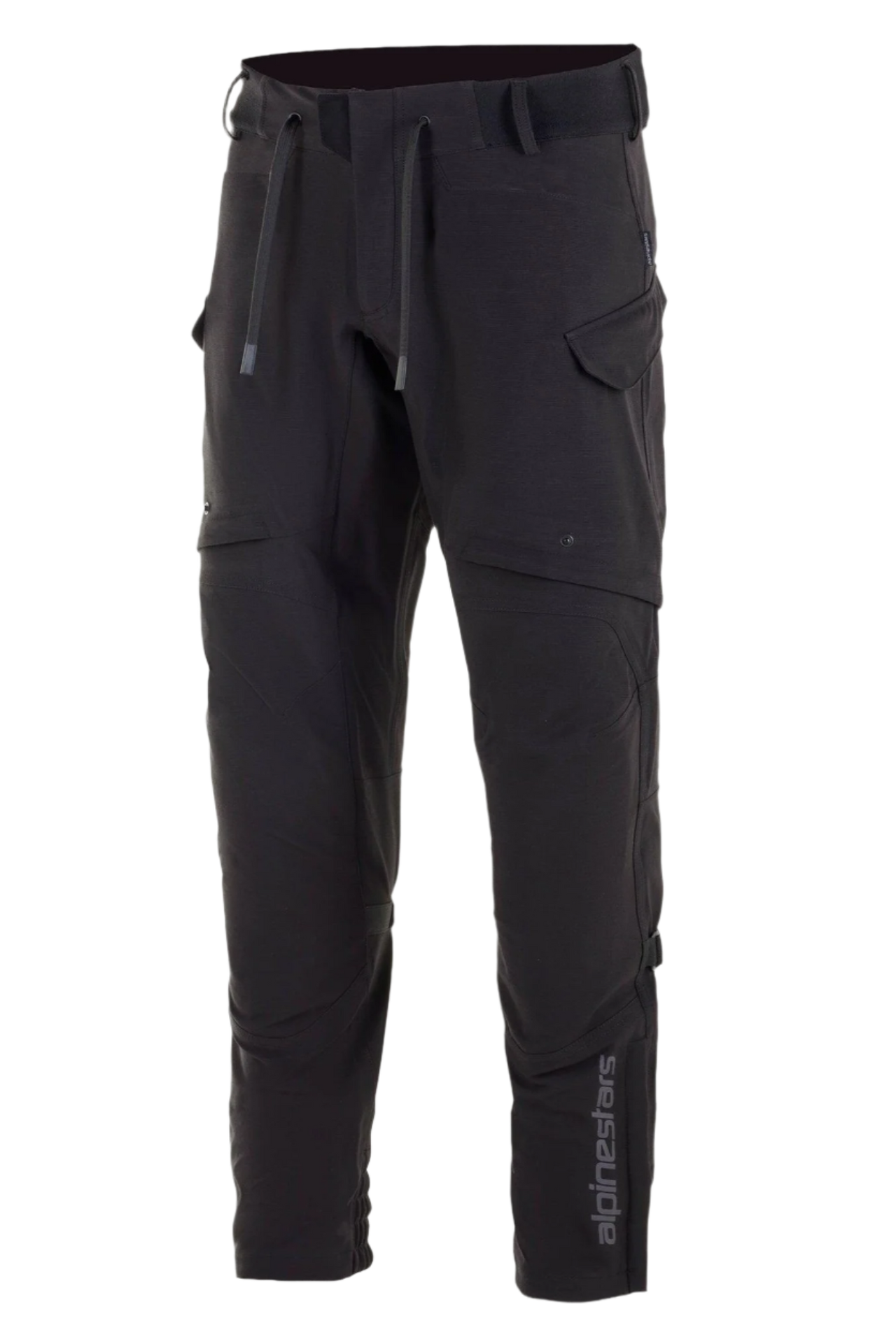 Pantalon imperméable Alpinestars Juggernaut, pantalon de moto, noir, construction en softshell avec membrane imperméable, ouvertures de ventilation aux cuisses, poches cargo zippées, taille élastiquée avec cordons de serrage et chevilles élastiquées, équipement de conduite urbaine