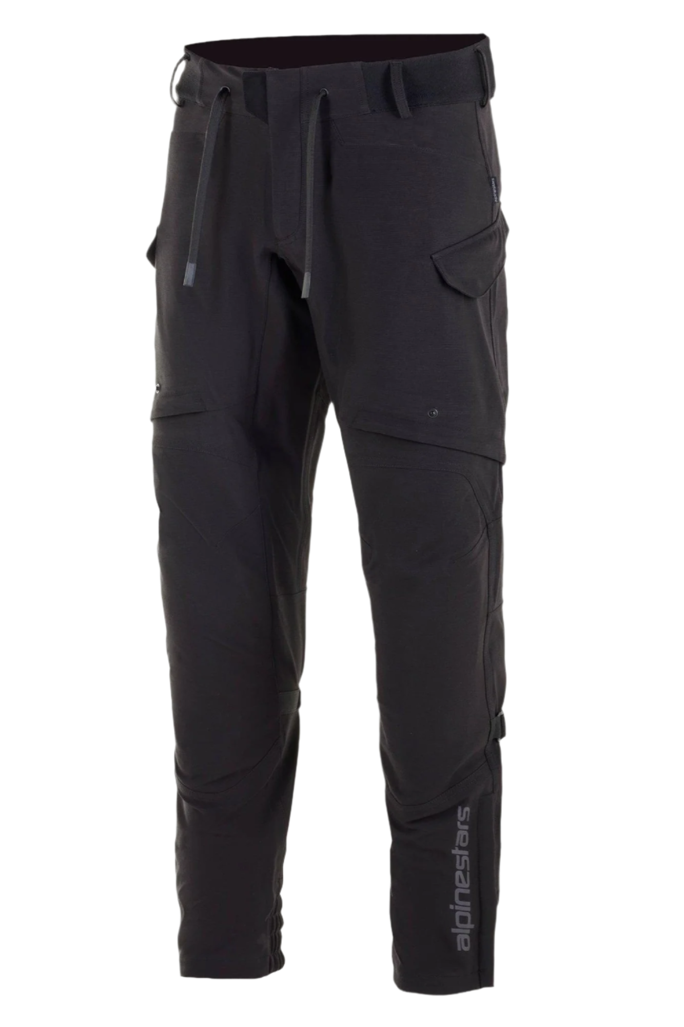 Pantalon imperméable Alpinestars Juggernaut, pantalon de moto, noir, construction en softshell avec membrane imperméable, ouvertures de ventilation aux cuisses, poches cargo zippées, taille élastiquée avec cordons de serrage et chevilles élastiquées, équipement de conduite urbaine