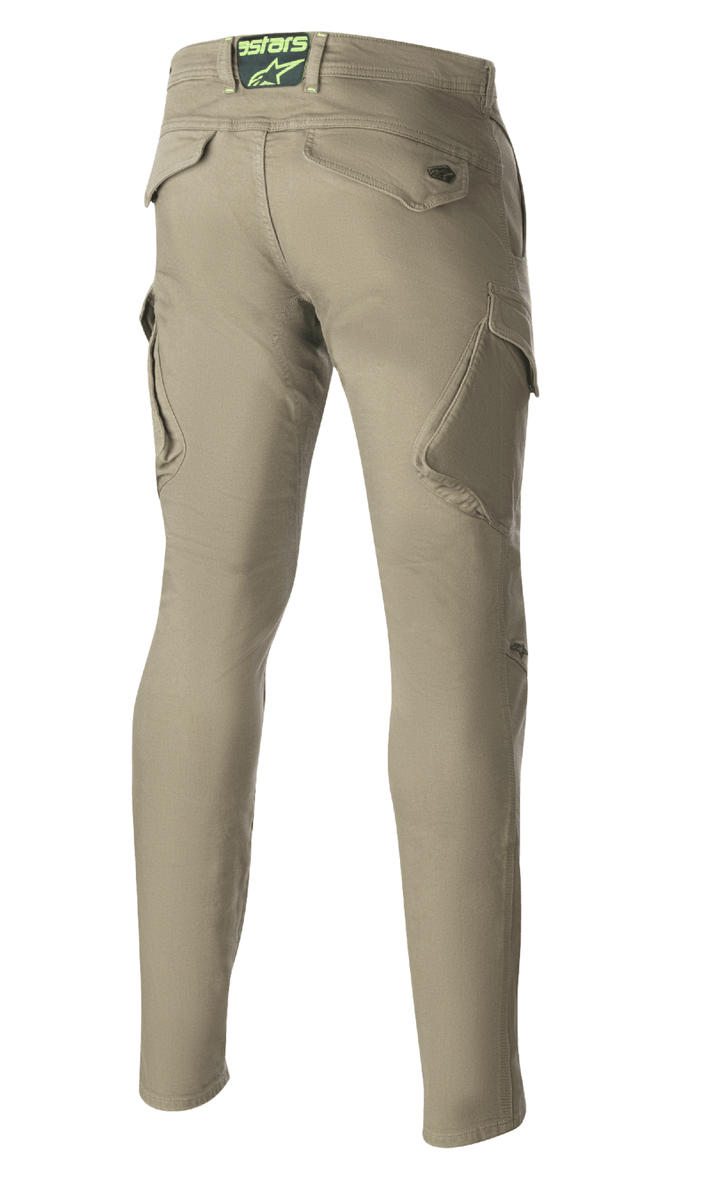 Pantalon de moto technique Alpinestars Caliber Slim Fit, vert militaire, vue de dos montrant les poches cargo inclinées et une silhouette ajustée, logo Astars sur l'arrière de la taille, pantalon de moto durable au style combat urbain