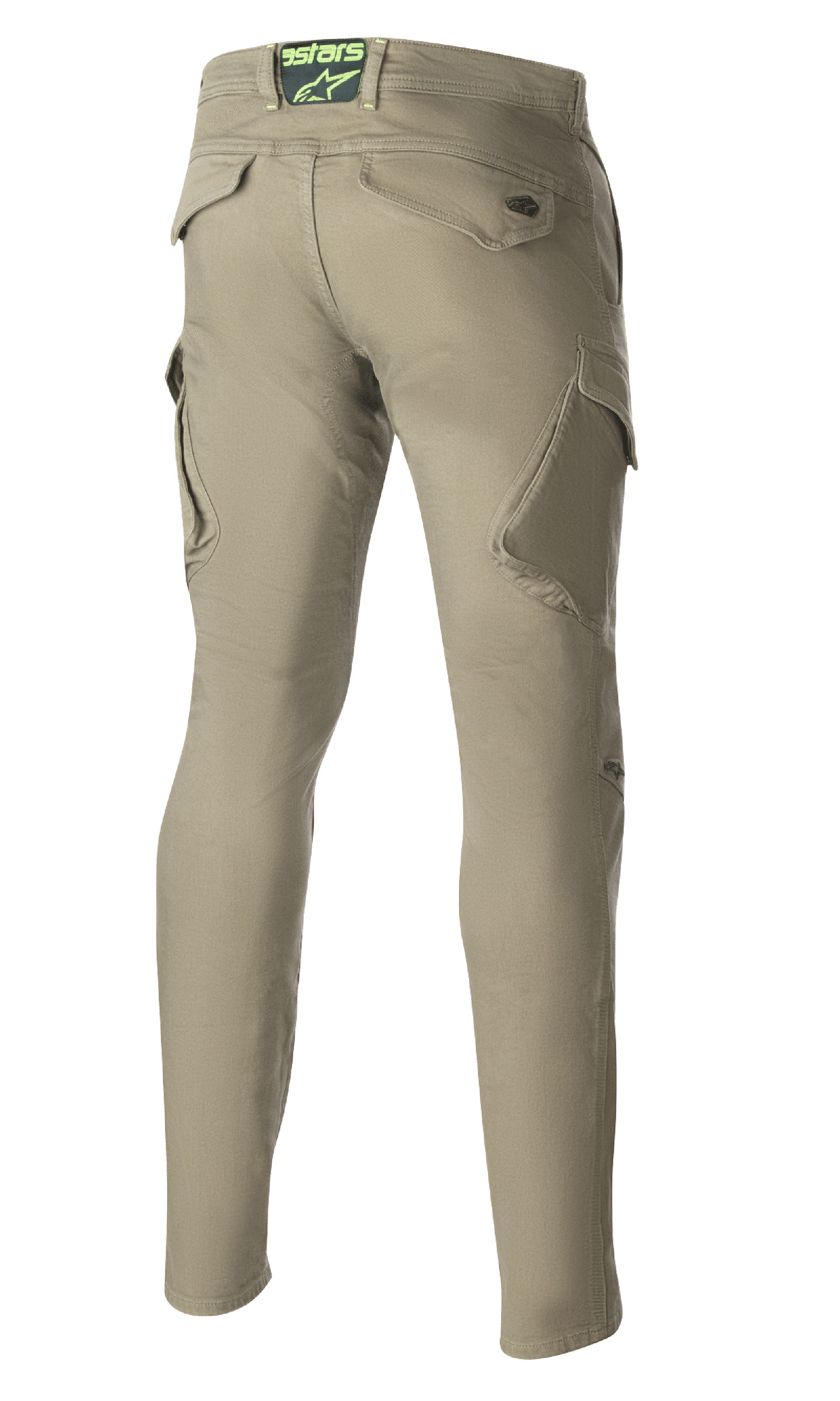 Pantalon de moto technique Alpinestars Caliber Slim Fit, vert militaire, vue de dos montrant les poches cargo inclinées et une silhouette ajustée, logo Astars sur l'arrière de la taille, pantalon de moto durable au style combat urbain
