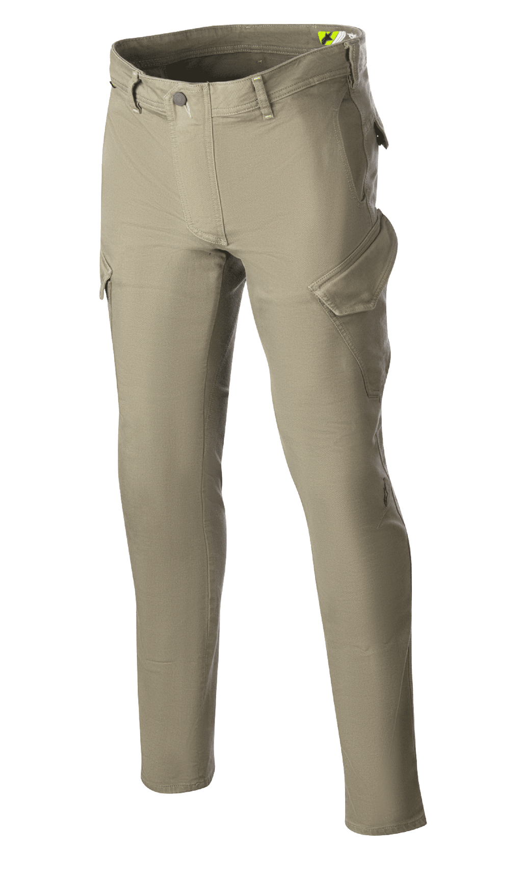 Alpinestars Caliber Slim Fit Tech Riding Pants, pantalon de moto, vert militaire, silhouette à coupe ajustée avec poches cargo de style combat, tissu denim Cordura extensible, passants de ceinture et design fonctionnel pour la conduite urbaine et sur route