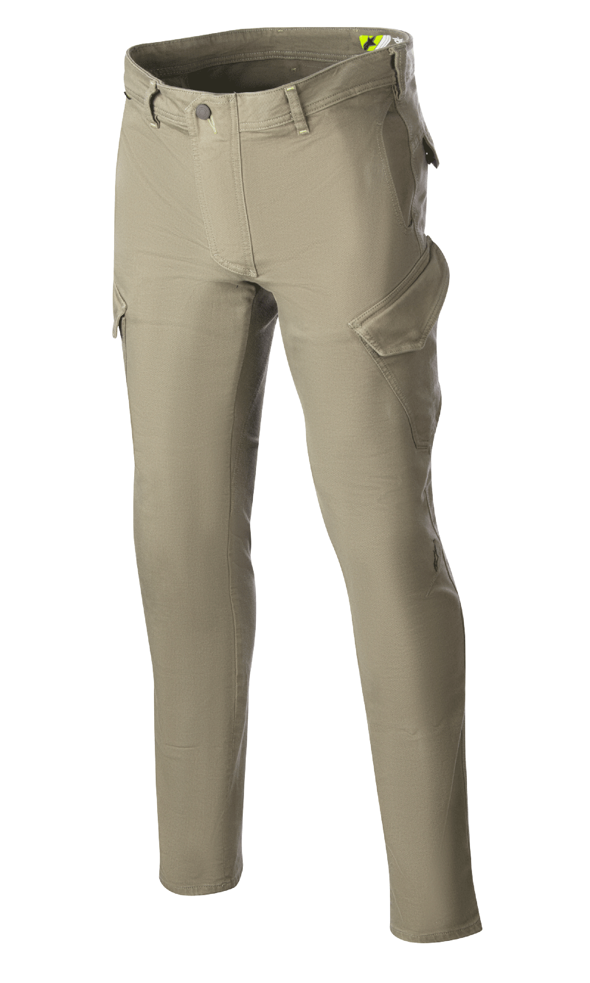 Alpinestars Caliber Slim Fit Tech Riding Pants, pantalon de moto, vert militaire, silhouette à coupe ajustée avec poches cargo de style combat, tissu denim Cordura extensible, passants de ceinture et design fonctionnel pour la conduite urbaine et sur route