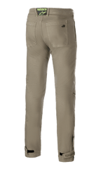 Pantalon de moto Alpinestars Stratos Regular Fit Tech, vert militaire, vue arrière avec deux poches arrière et un écusson logo vert fluo sur la ceinture, jambes fuselées avec sangles de cheville réglables, pantalon de moto au style urbain décontracté