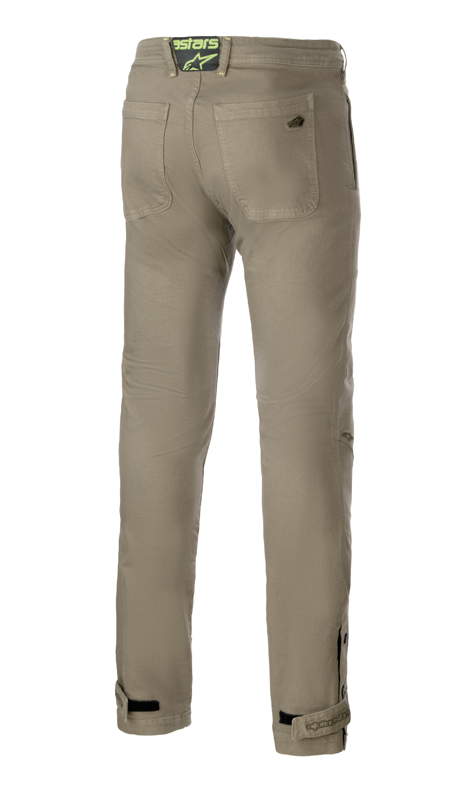 Pantalon de moto Alpinestars Stratos Regular Fit Tech, vert militaire, vue arrière avec deux poches arrière et un écusson logo vert fluo sur la ceinture, jambes fuselées avec sangles de cheville réglables, pantalon de moto au style urbain décontracté