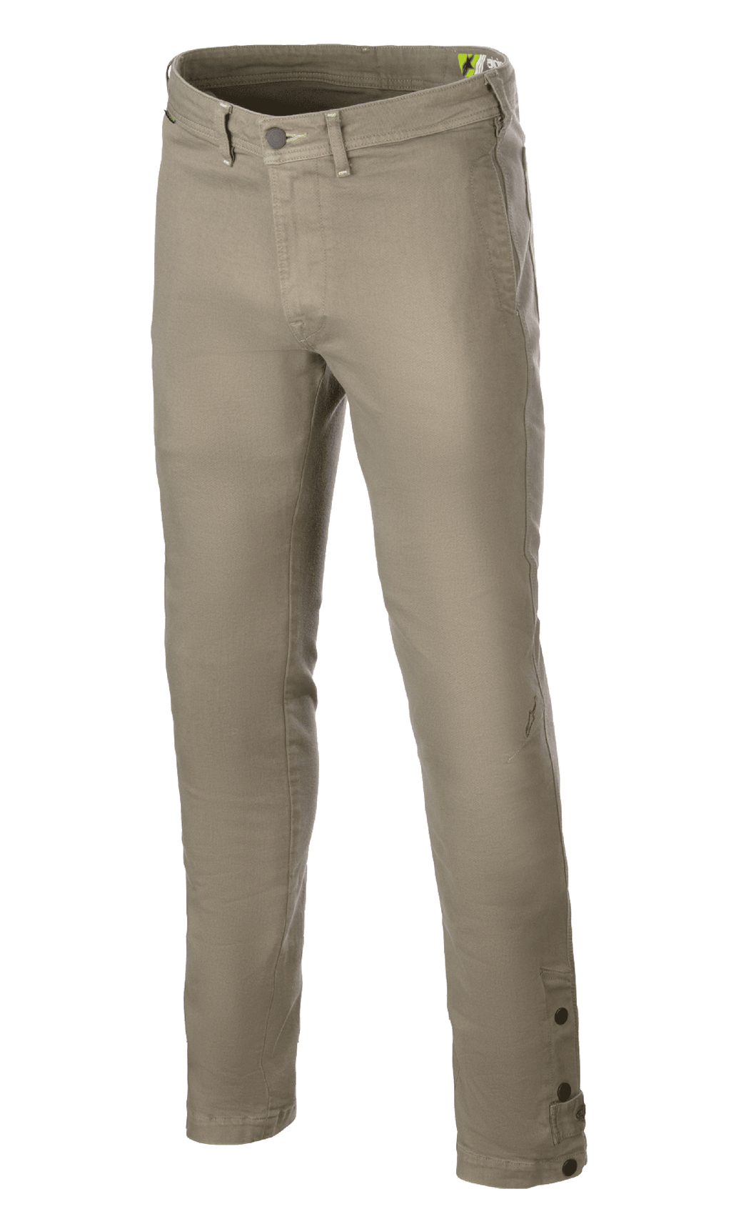 Alpinestars Stratos Regular Fit Tech Riding Pants, pantalon de moto, vert militaire, avec coupe fuselée, fermeture à bouton et zip, passants de ceinture et boutons réglables aux chevilles