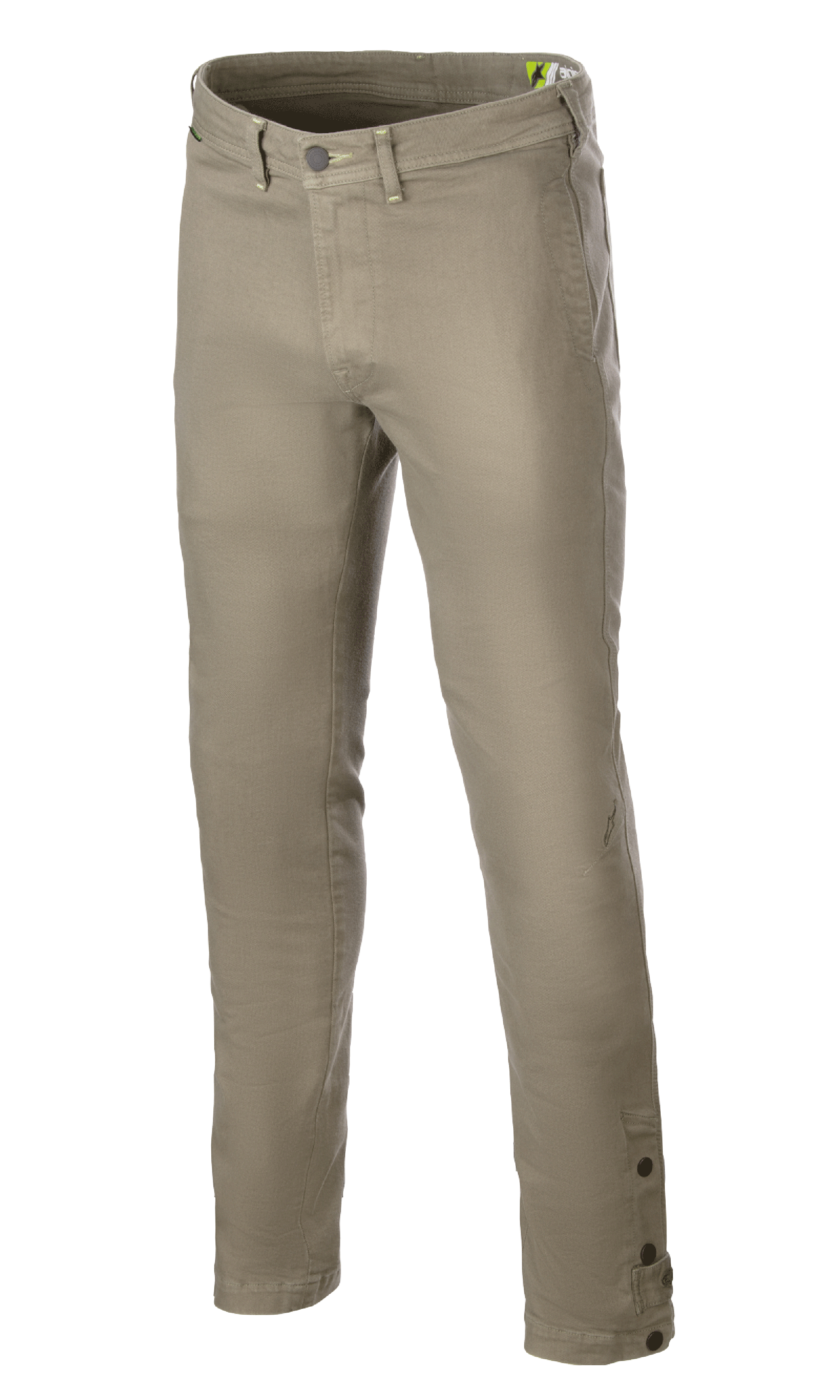 Alpinestars Stratos Regular Fit Tech Riding Pants, pantalon de moto, vert militaire, avec coupe fuselée, fermeture à bouton et zip, passants de ceinture et boutons réglables aux chevilles