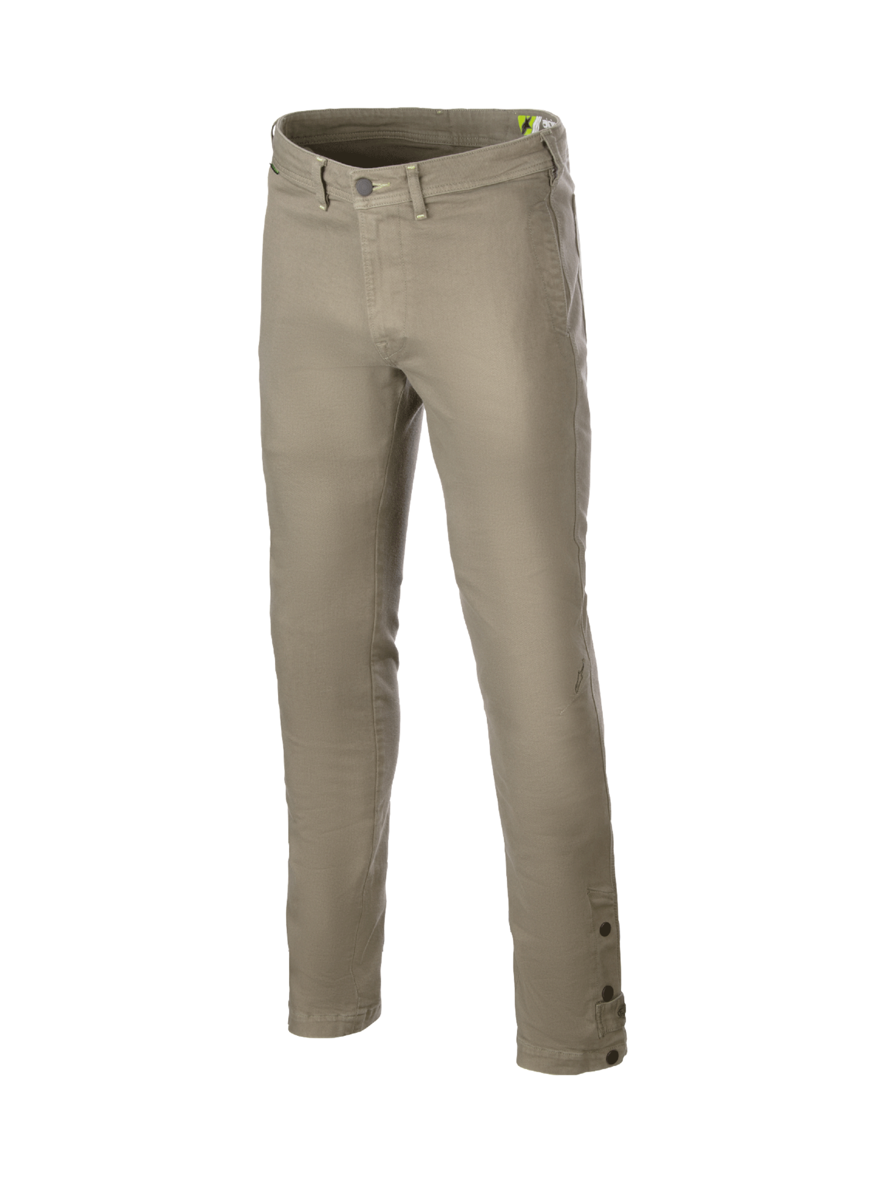 Alpinestars Stratos Regular Fit Tech, pantalon de moto urbain en denim Cordura extensible, gris et vert militaire.