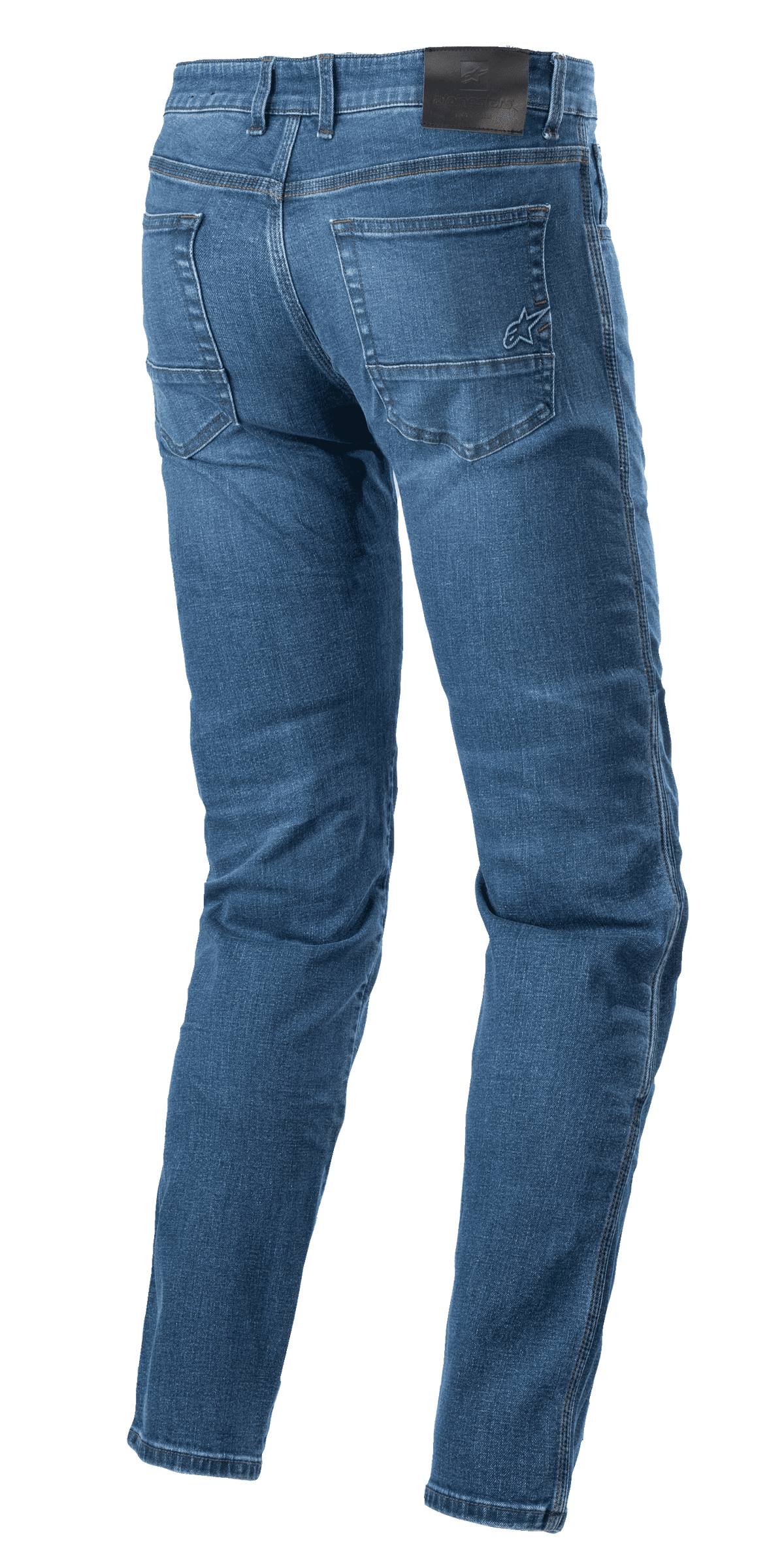 Pantalon Denim Alpinestars Radon Coupe Regular, jean de moto, Rinse Blue, vue arrière montrant l'empiècement noir à la taille et le logo étoile brodé sur la poche arrière droite, jambes pré-courbées pour l'ergonomie de pilotage, style denim décontracté à cinq poches
