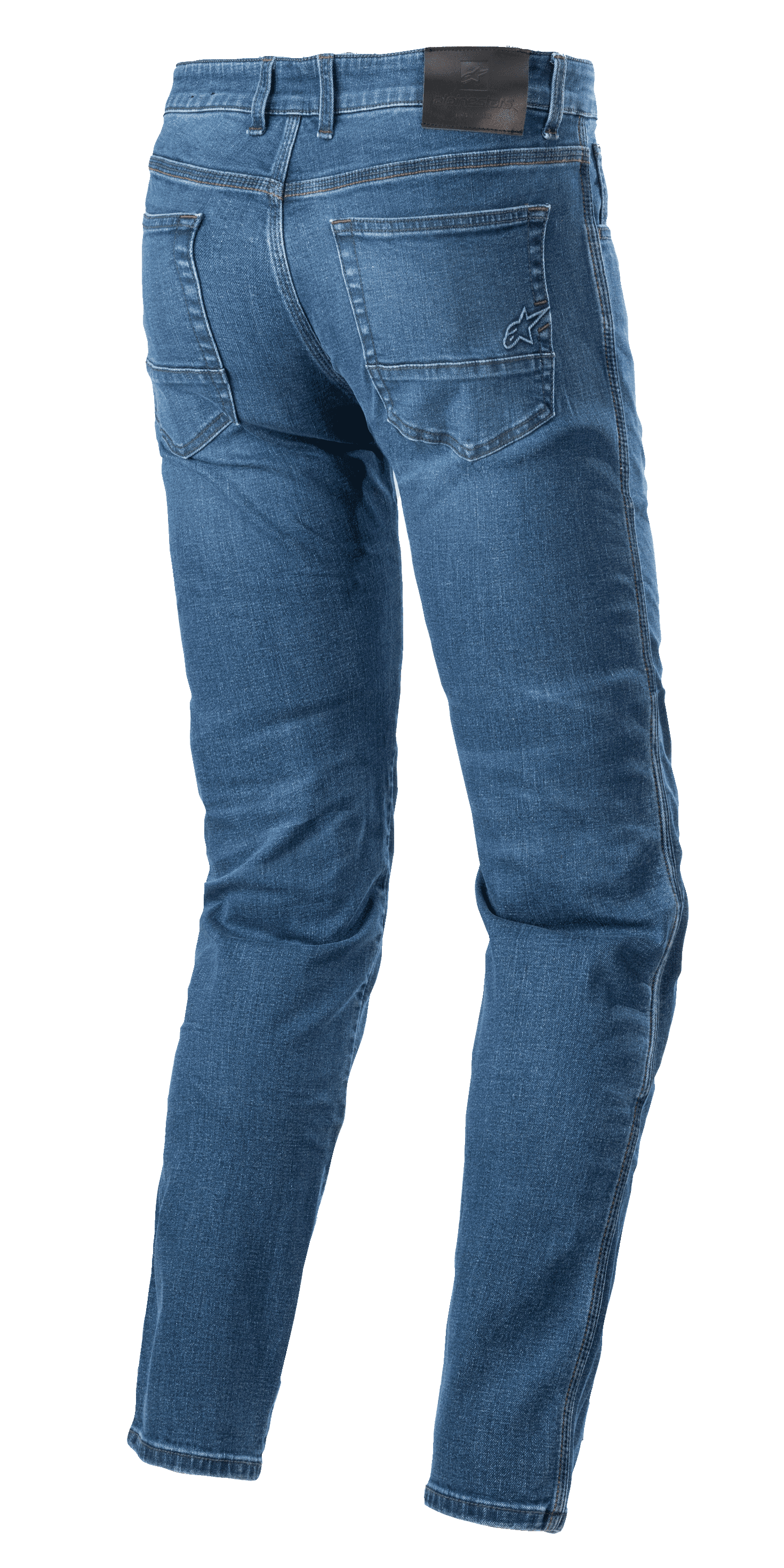 Pantalon Denim Alpinestars Radon Coupe Regular, jean de moto, Rinse Blue, vue arrière montrant l'empiècement noir à la taille et le logo étoile brodé sur la poche arrière droite, jambes pré-courbées pour l'ergonomie de pilotage, style denim décontracté à cinq poches