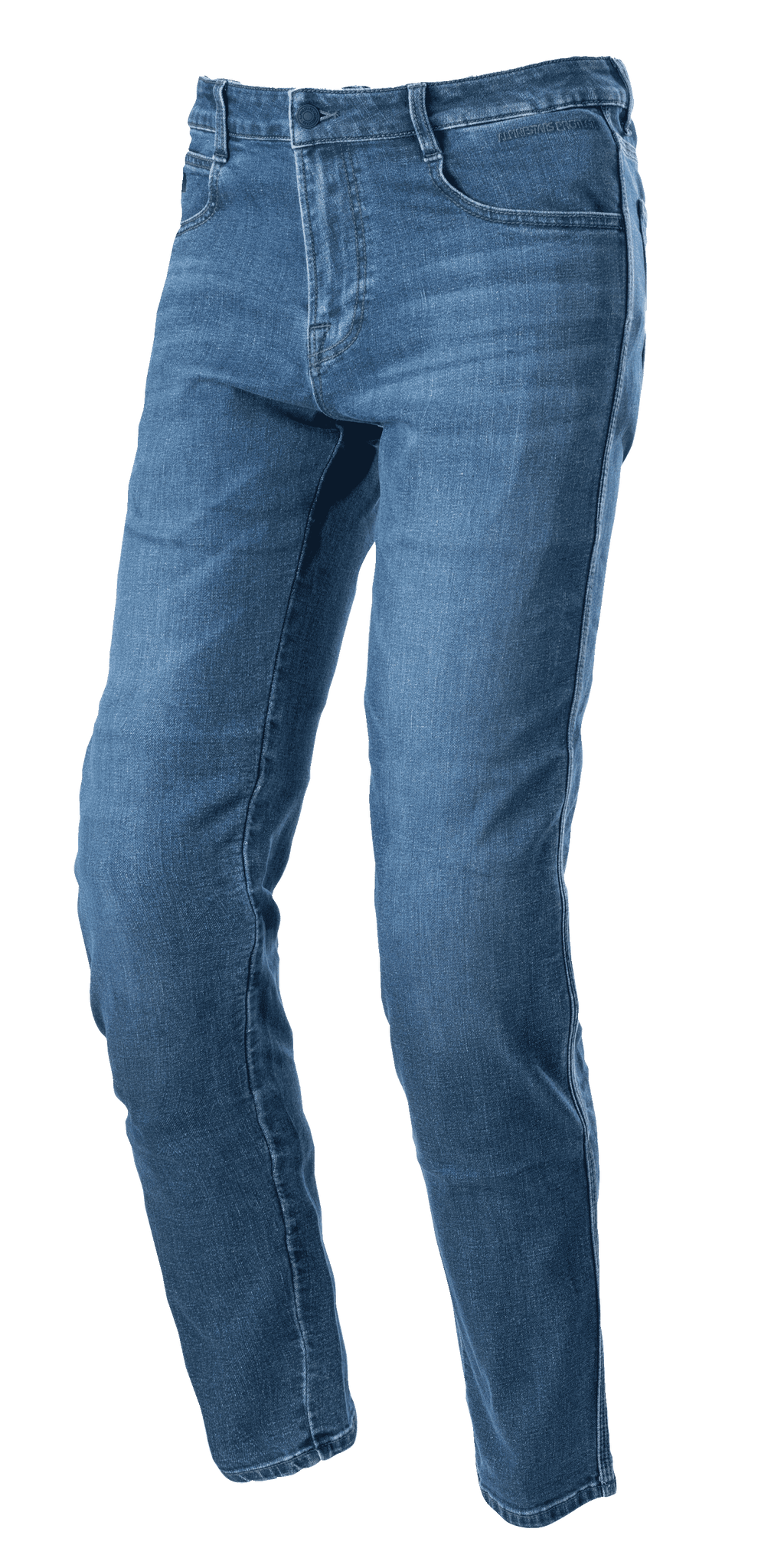 Alpinestars Radon Regular Fit Denim Pants, jean de moto Rinse Blue, coupe droite avec design à cinq poches, texture denim délavée, fermeture à bouton et zip, construction durable pour la conduite urbaine