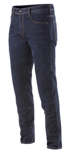 Alpinestars Radium Denim Pants, jean de moto, bleu Rinse Plus avec surpiqûres orange, coupe droite, design à cinq poches, denim Cordura extensible avec protections genoux discrètes