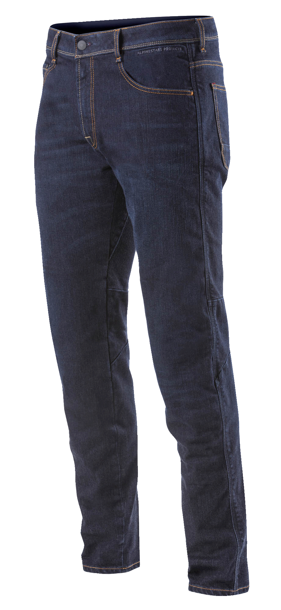 Alpinestars Radium Denim Pants, jean de moto, bleu Rinse Plus avec surpiqûres orange, coupe droite, design à cinq poches, denim Cordura extensible avec protections genoux discrètes