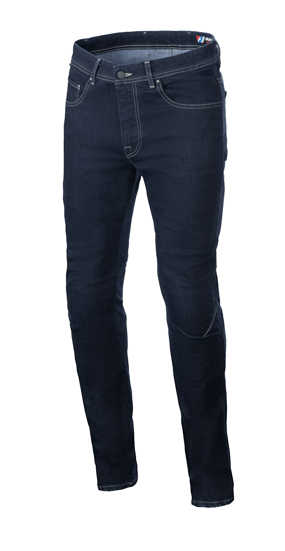 Alpinestars Radium V2 Denim Pants, jean de moto, Rinse Blue, coupe fuselée régulière, design classique à cinq poches, surpiqûres claires contrastées, construction en denim Cordura extensible durable