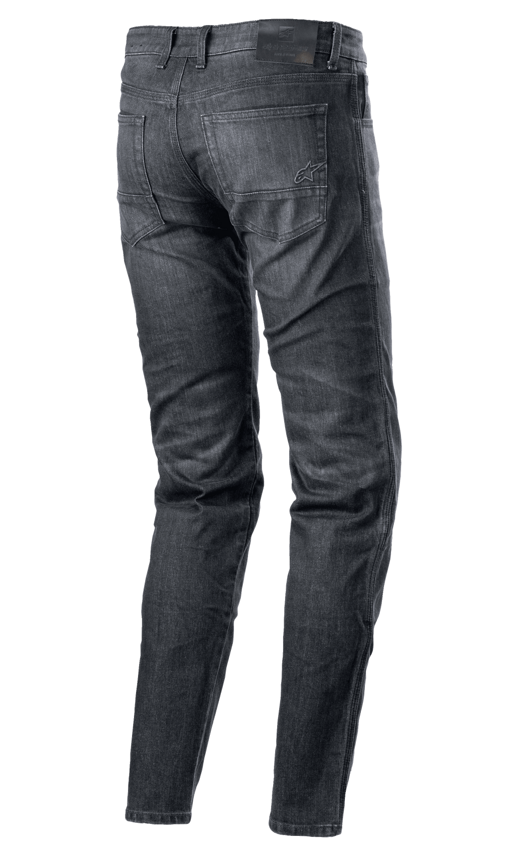 Pantalon denim Alpinestars Sektor Regular Fit, jean de moto, noir délavé, vue arrière montrant le design à cinq poches, logo brodé sur la poche arrière, patch de taille en cuir noir, jambe fuselée, équipement de conduite technique urbain