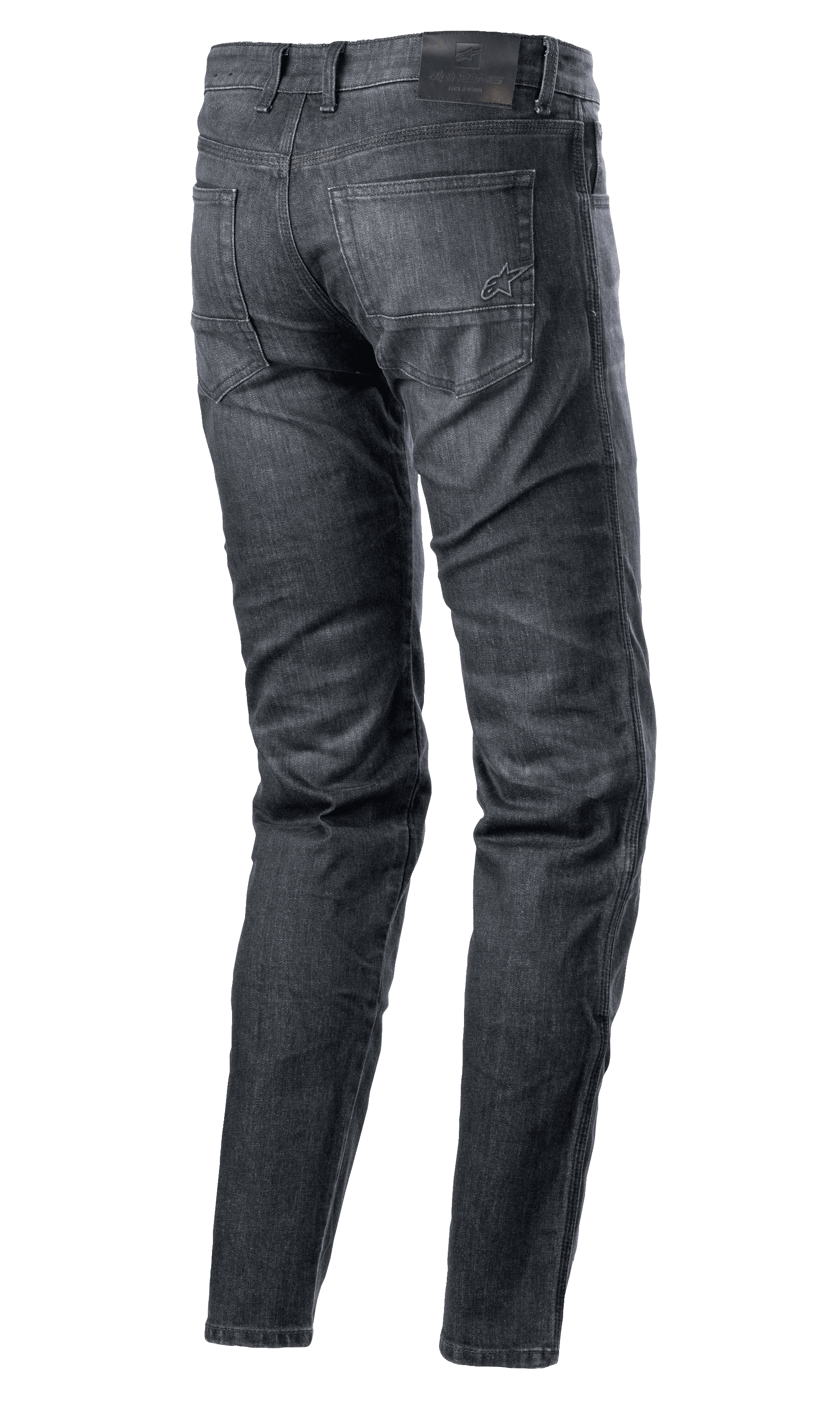 Pantalon denim Alpinestars Sektor Regular Fit, jean de moto, noir délavé, vue arrière montrant le design à cinq poches, logo brodé sur la poche arrière, patch de taille en cuir noir, jambe fuselée, équipement de conduite technique urbain