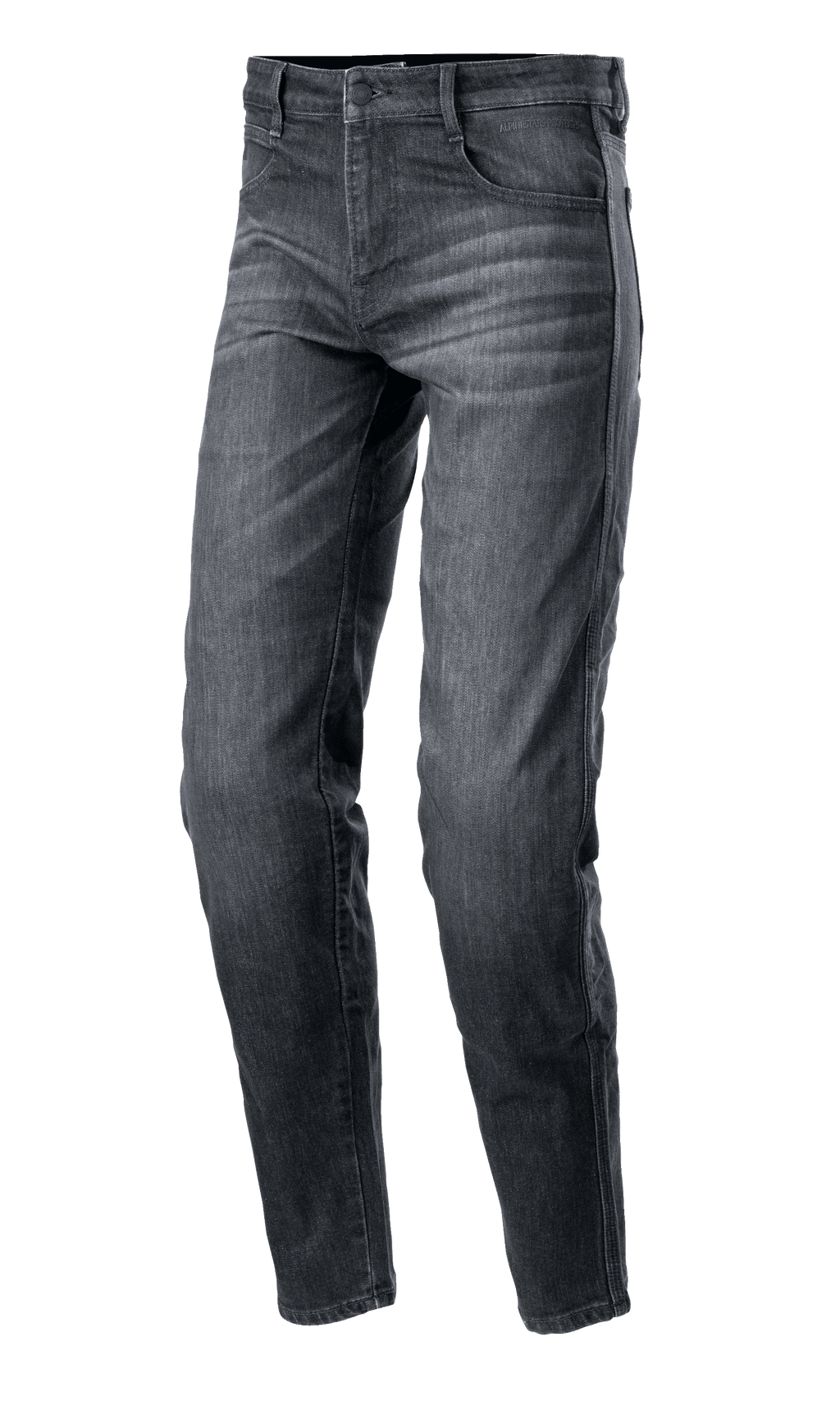 Alpinestars Sektor Regular Fit Denim Pants, jean de moto noir délavé, coupe fuselée décontractée, design à cinq poches avec passants de ceinture, texture denim délavée avec coutures renforcées, équipement de conduite urbaine