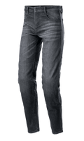 Alpinestars Sektor Regular Fit Denim Pants, jean de moto noir délavé, coupe fuselée décontractée, design à cinq poches avec passants de ceinture, texture denim délavée avec coutures renforcées, équipement de conduite urbaine