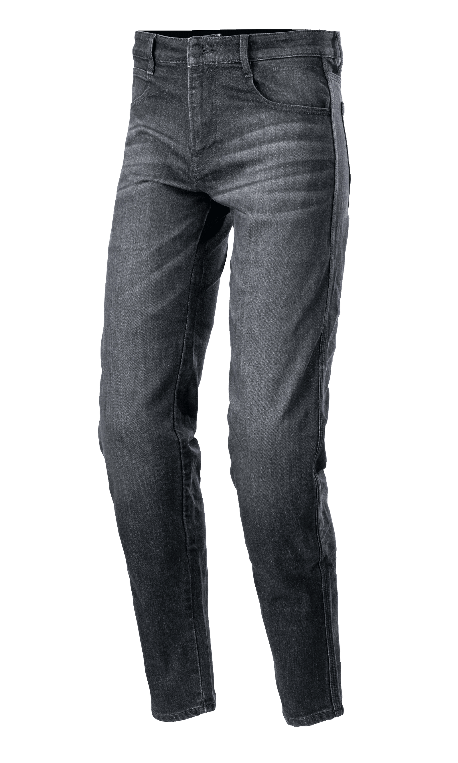 Alpinestars Sektor Regular Fit Denim Pants, jean de moto noir délavé, coupe fuselée décontractée, design à cinq poches avec passants de ceinture, texture denim délavée avec coutures renforcées, équipement de conduite urbaine