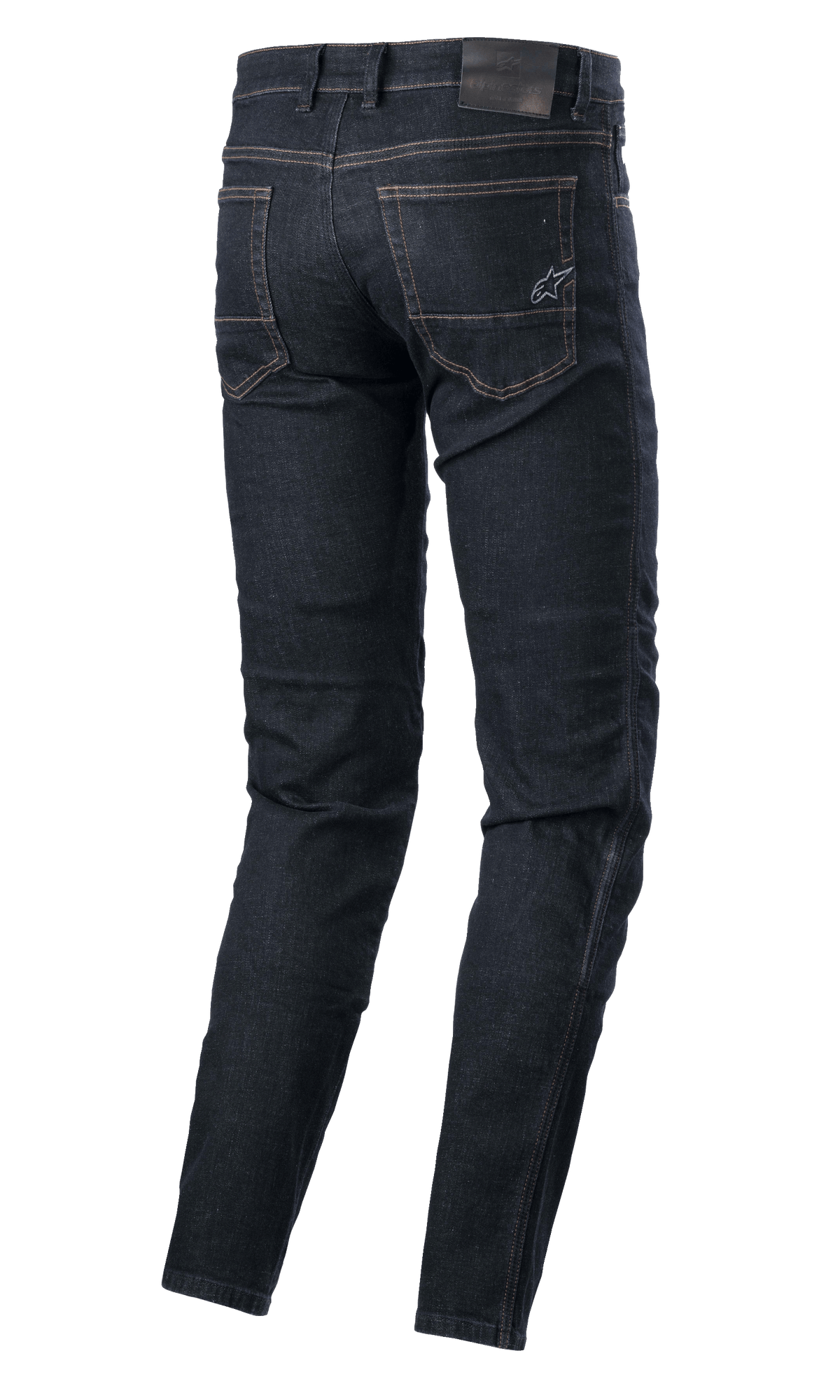 Alpinestars Sektor Regular Fit Denim, pantalon de conduite technique, Bleu Rinse, vue arrière présentant des poches arrière avec logo étoile brodé, un écusson en cuir à la taille et des coutures triples, vêtement de moto urbain