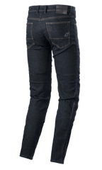 Alpinestars Sektor Regular Fit Denim, pantalon de conduite technique, Bleu Rinse, vue arrière présentant des poches arrière avec logo étoile brodé, un écusson en cuir à la taille et des coutures triples, vêtement de moto urbain