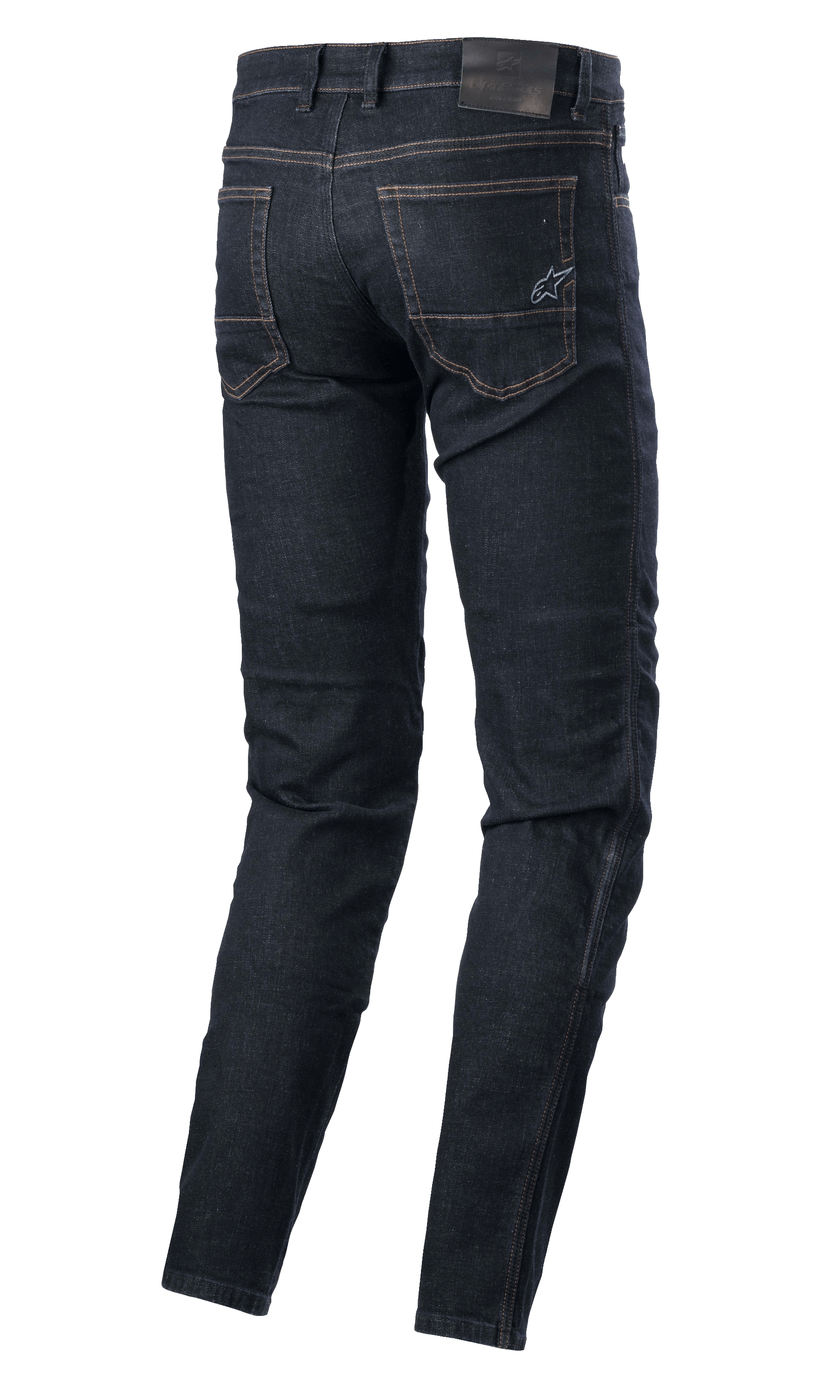Alpinestars Sektor Regular Fit Denim, pantalon de conduite technique, Bleu Rinse, vue arrière présentant des poches arrière avec logo étoile brodé, un écusson en cuir à la taille et des coutures triples, vêtement de moto urbain
