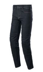 Alpinestars Sektor Regular Fit Denim, pantalon de moto Bleu Rinse, jambe fuselée avec surpiqûres contrastées, design à cinq poches avec passants de ceinture et fermeture à bouton, tissu denim extensible, style urbain