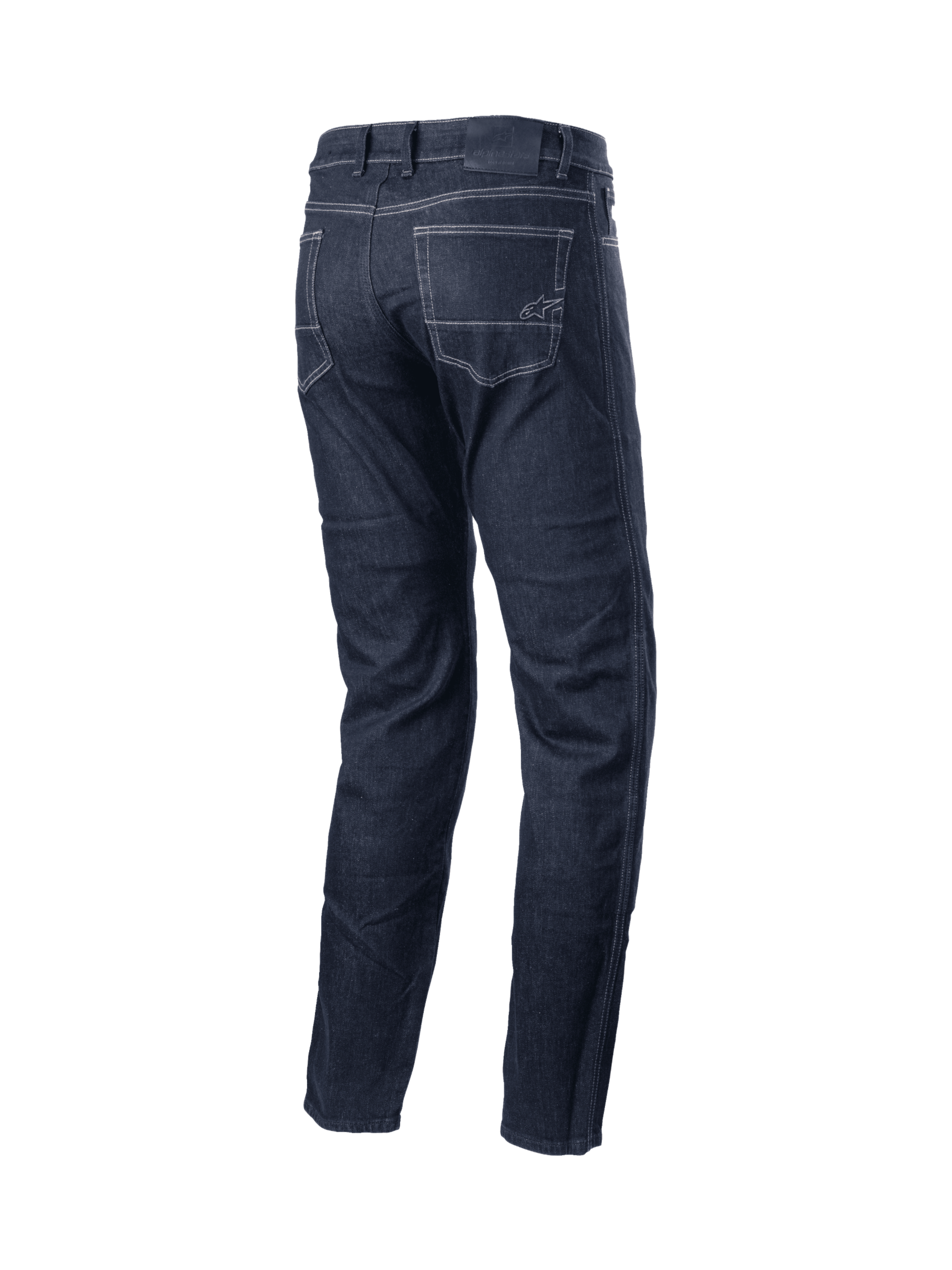 Alpinestars Pantalon Denim Sektor Coupe Standard, jeans de moto urbain noir avec surpiqûres triples et renforts, vue de dos montrant les poches et le logo