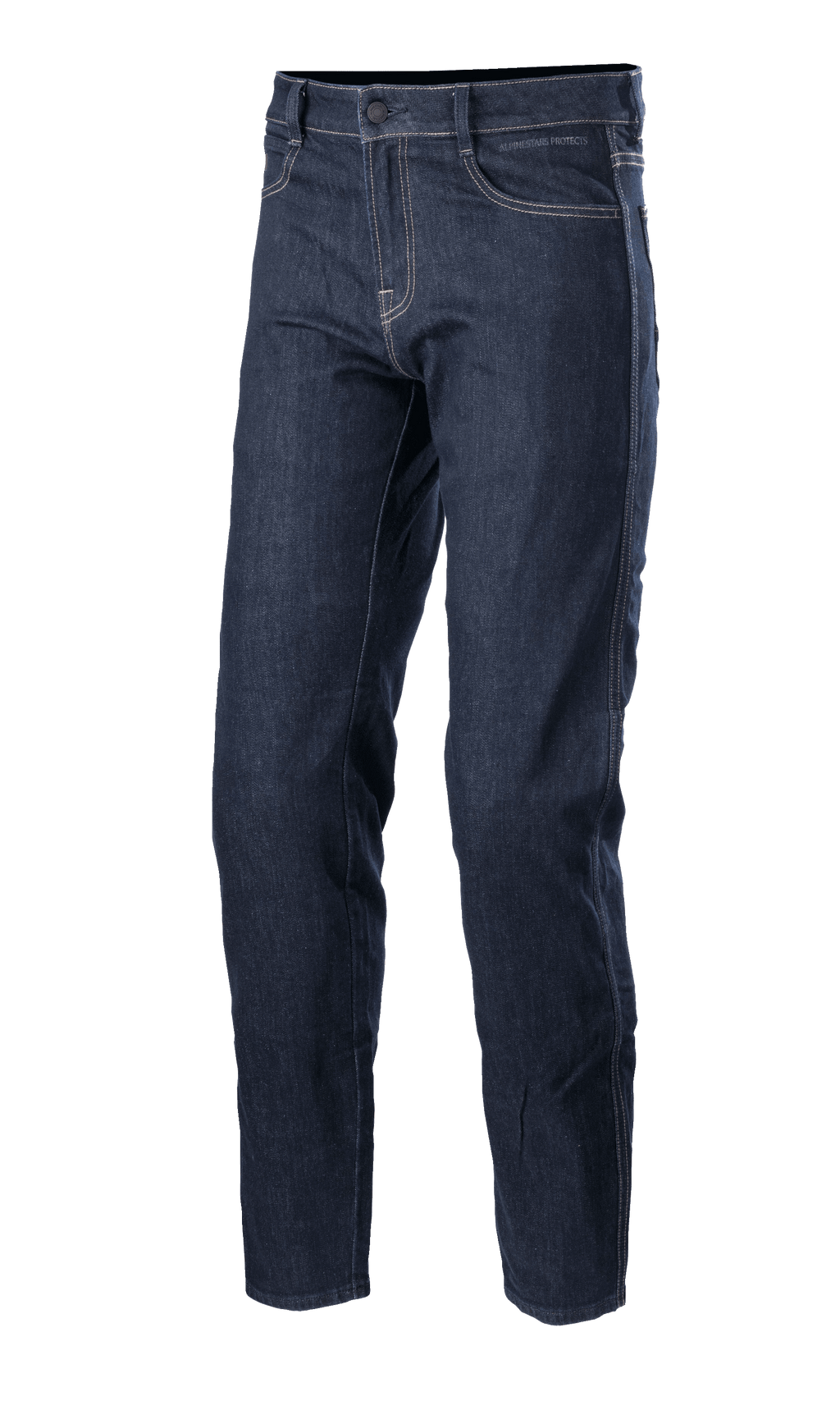 Alpinestars Sektor Regular Fit Denim Pants, jean de moto bleu moyen, pantalon de conduite technique avec surpiqûres blanches contrastantes, conception à cinq poches, passants de ceinture et coupe à jambe fuselée en denim extensible