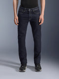 Alpinestars Copper V3 Denim Pants, jean de moto urbain pour homme, bleu brut, confection en denim de coton extensible avec coupe standard et jambe droite, vue de face sur mannequin.