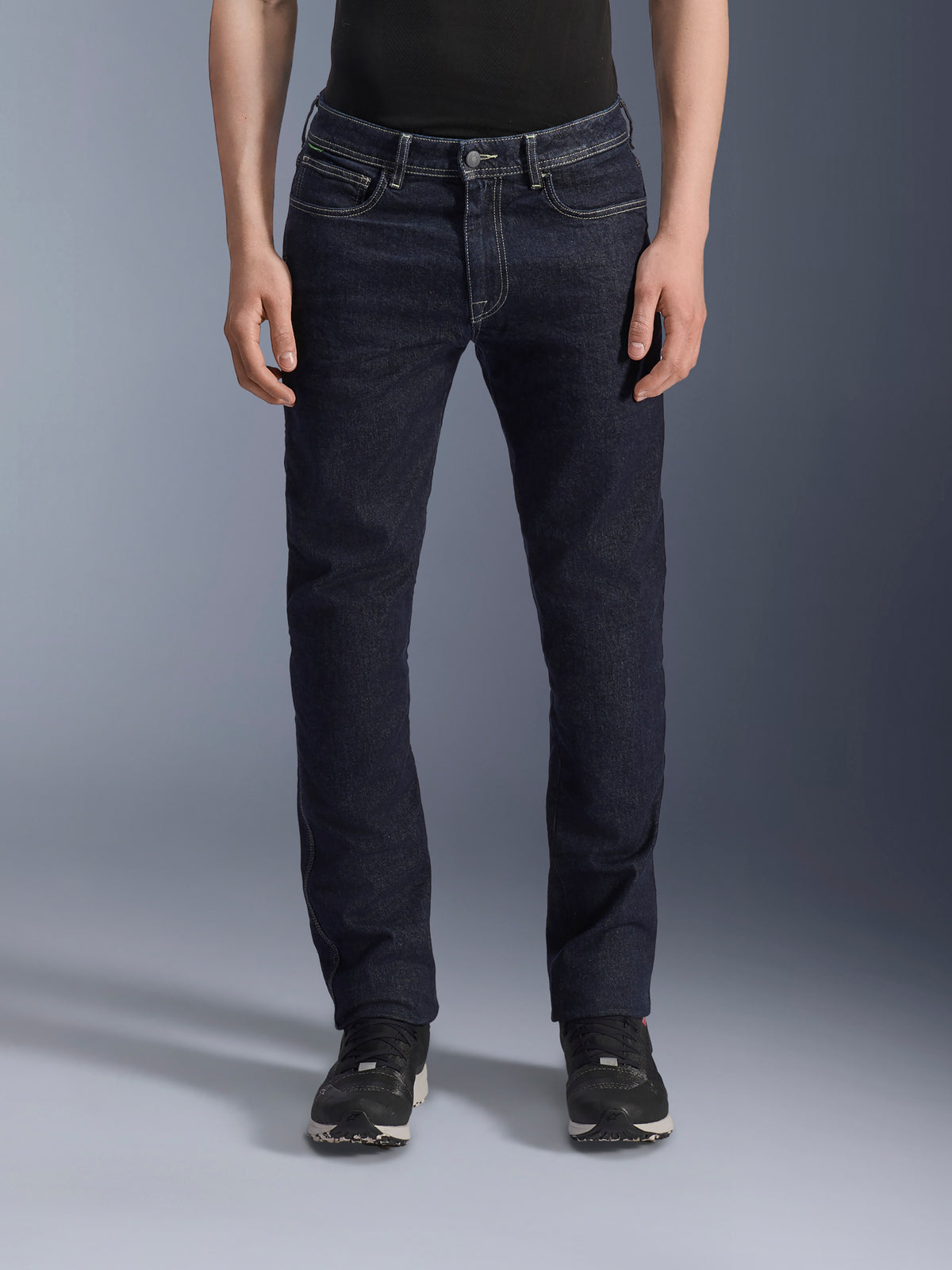 Alpinestars Copper V3 Denim Pants, men's urban motorcycle riding jeans in rinse blue, front view on a model showing regular straight leg fit and stretch cotton denim construction