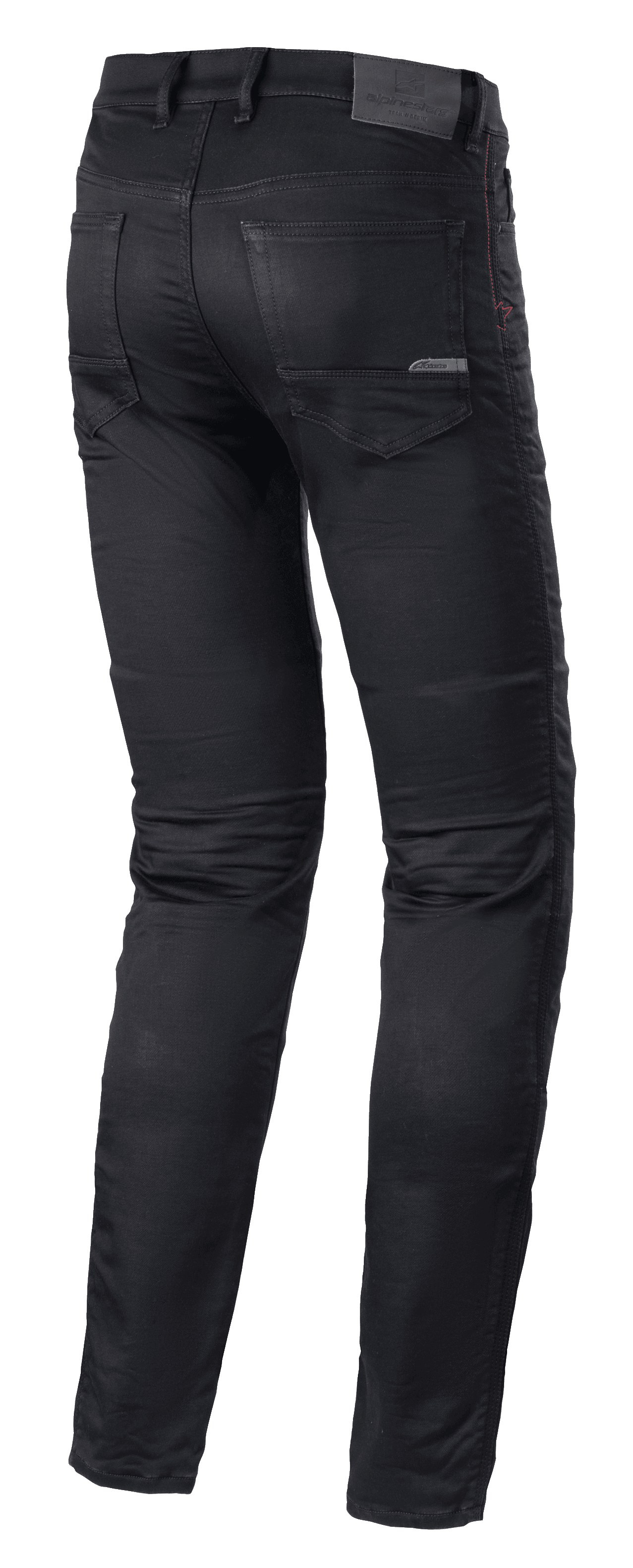 Alpinestars Cerium Tech Stretch Riding Denim, jean de moto, Black Rinse, coupe ajustée, vue arrière avec construction de jambes préformées, poches arrière et écusson en cuir à la taille avec logo embossé