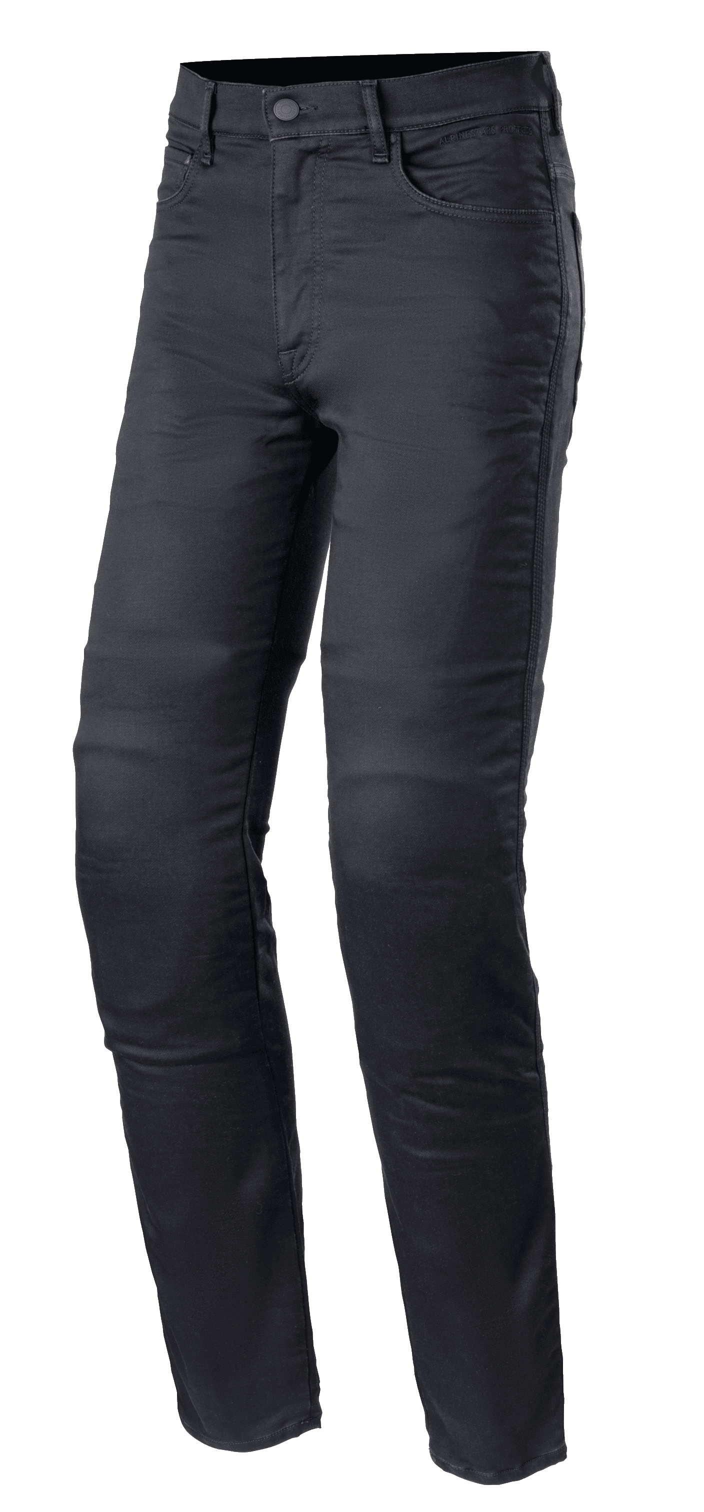 Alpinestars Cerium Tech Stretch Riding Denim, jean de moto noir délavé, coupe slim avec fermeture à bouton, design à cinq poches avec passants de ceinture, tissu extensible durable avec coutures visibles