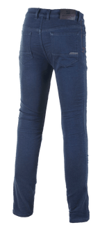 Alpinestars Cerium Tech Stretch Riding Denim, jean de moto, Rinse Blue, vue arrière montrant le denim technique à coupe ajustée, des poches arrière classiques et un écusson en cuir griffé à la taille