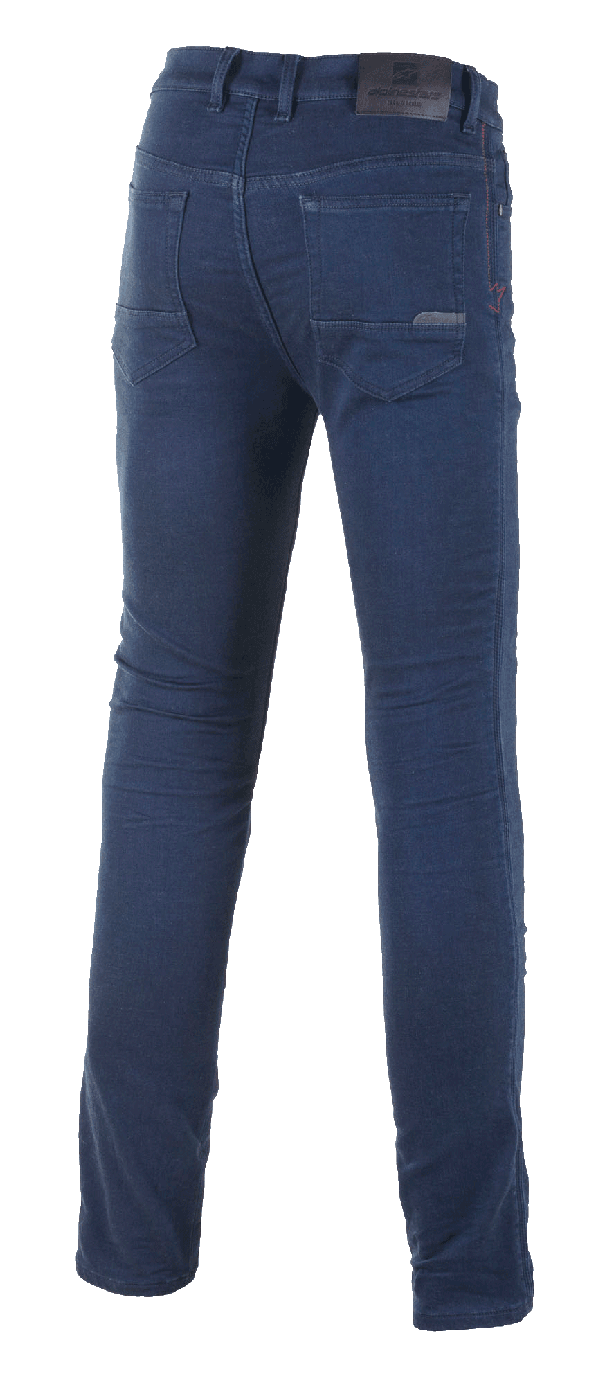 Alpinestars Cerium Tech Stretch Riding Denim, jean de moto, Rinse Blue, vue arrière montrant le denim technique à coupe ajustée, des poches arrière classiques et un écusson en cuir griffé à la taille