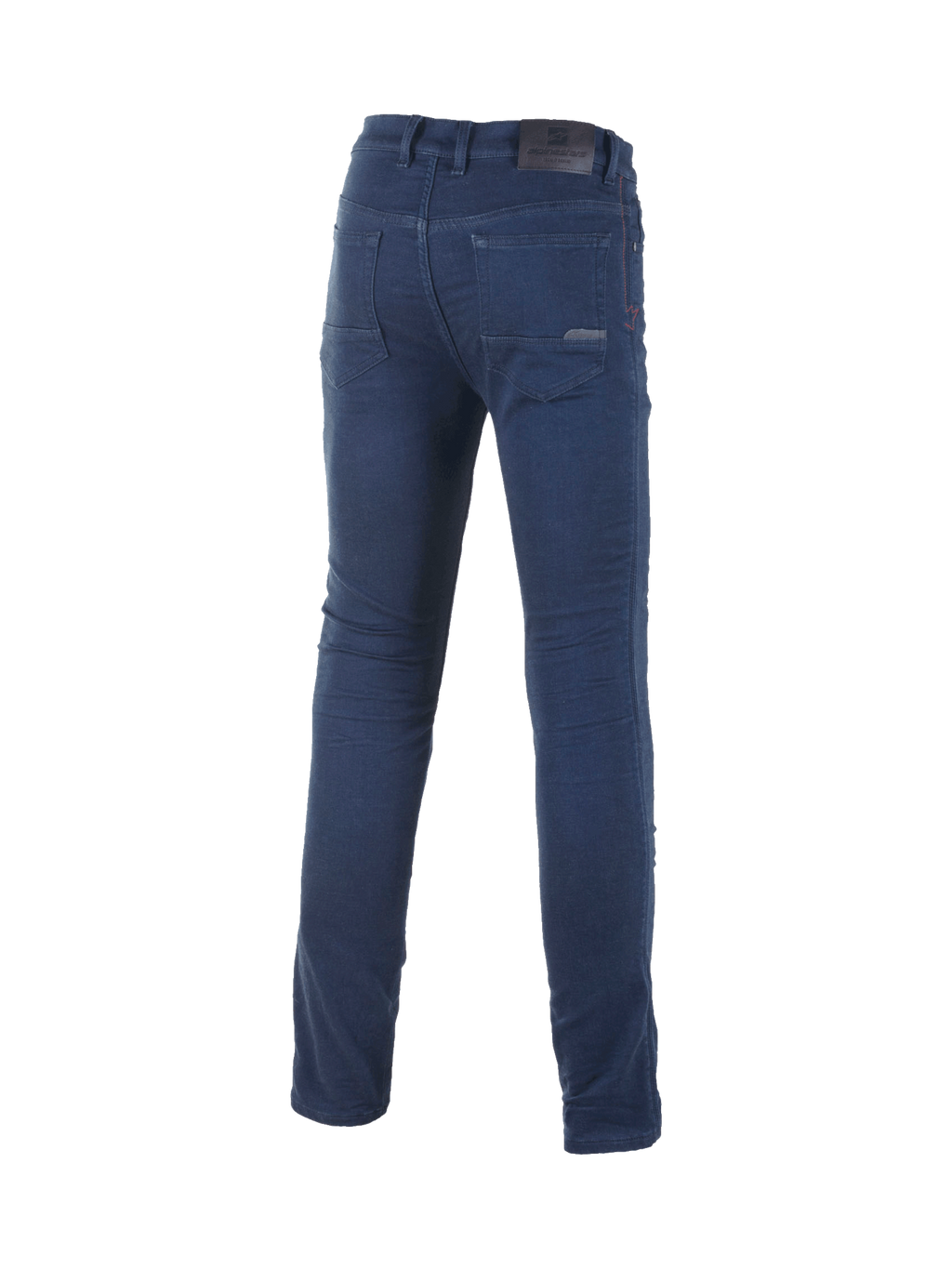 Alpinestars Cerium Tech Stretch Riding Denim, pantalon de moto urbain pour homme, bleu foncé, coupe ajustée avec tissu monocouche extensible, vue de dos montrant les poches classiques et le patch logo