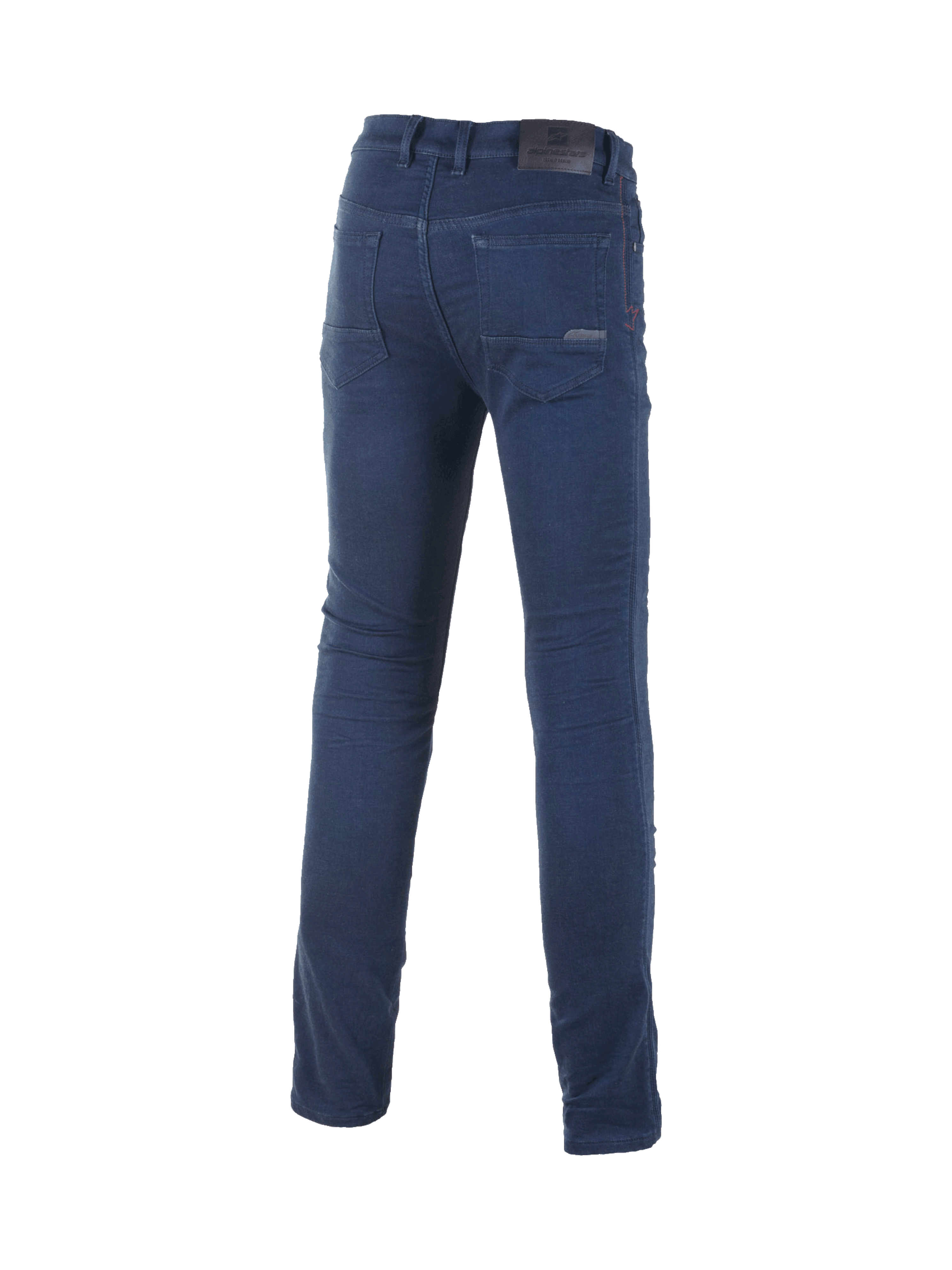 Alpinestars Cerium Tech Stretch Riding Denim, pantalon de moto urbain pour homme, bleu foncé, coupe ajustée avec tissu monocouche extensible, vue de dos montrant les poches classiques et le patch logo