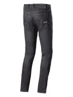 Alpinestars Cerium Denim Tech Riding Pants, jean de moto, noir délavé, vue arrière avec poches et écusson logo sur la ceinture, style urbain décontracté