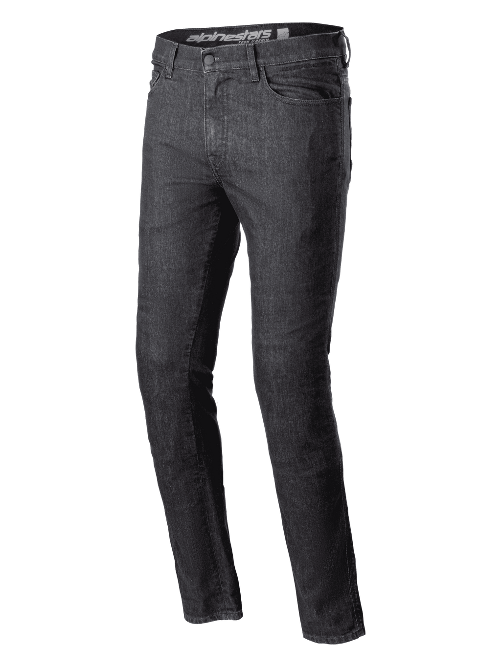 Alpinestars Cerium Denim Tech Riding Pants, jean de moto, noir délavé, coupe ajustée, design classique à cinq poches, construction en denim robuste, passants de ceinture, fermeture par bouton et éclair, équipement de moto urbain contemporain