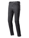 Alpinestars Cerium Denim Tech Riding Pants, jean de moto, noir délavé, coupe ajustée, design classique à cinq poches, construction en denim robuste, passants de ceinture, fermeture par bouton et éclair, équipement de moto urbain contemporain