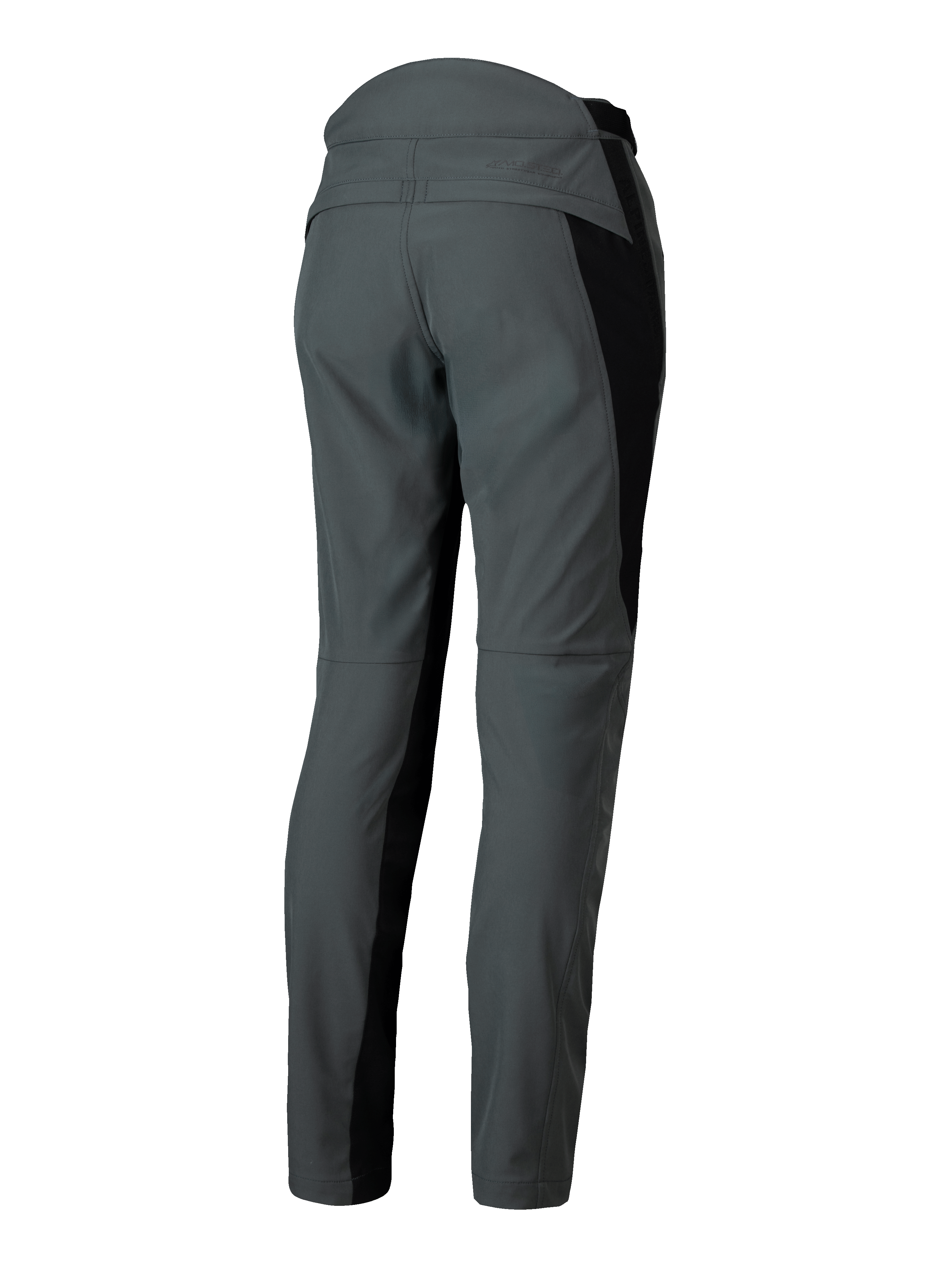 Pantalon Alpinestars Alamosa, pantalon de moto pour femme, gris avec panneaux noirs, coupe ajustée, vue arrière.