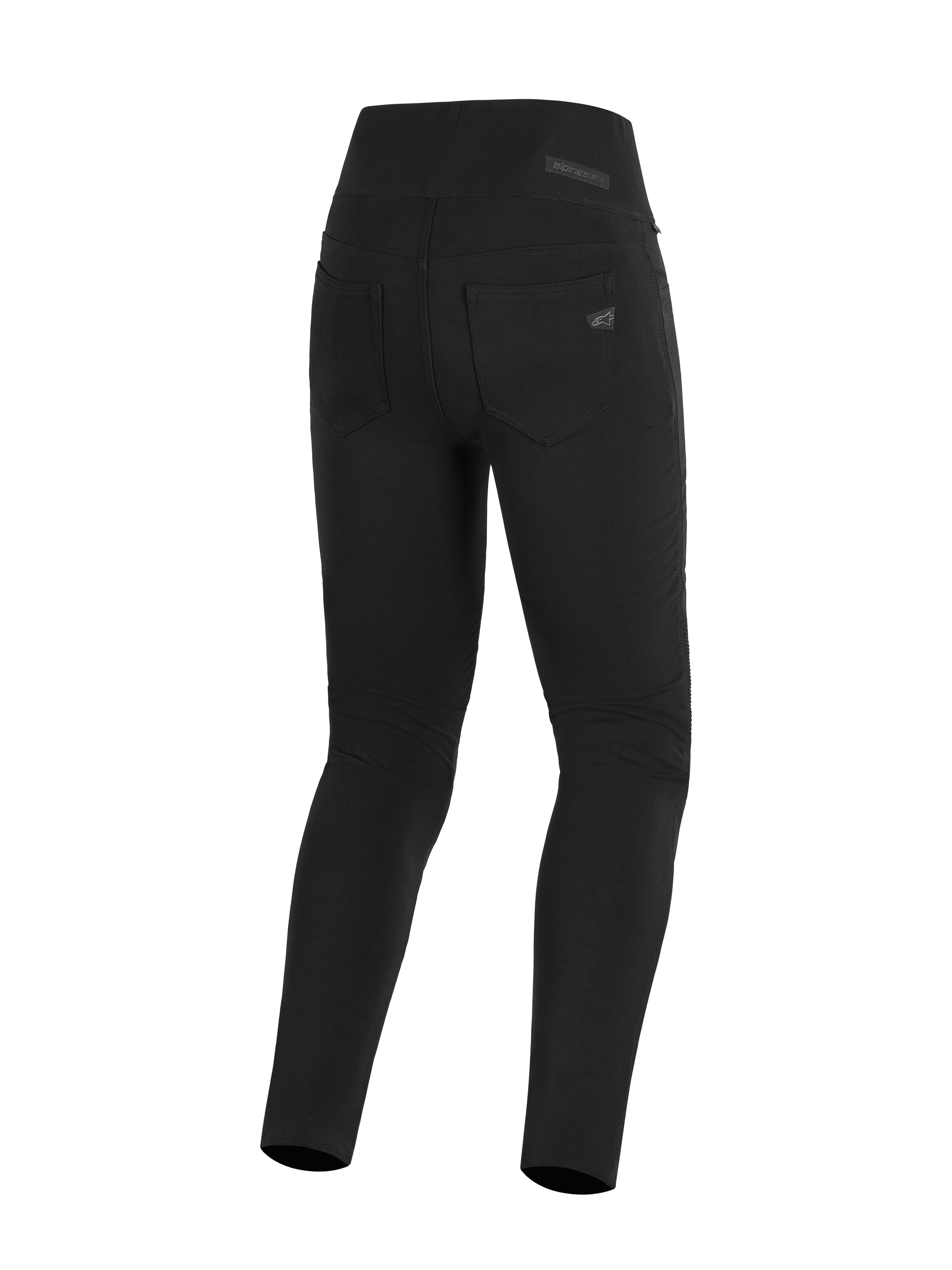 Leggings Alpinestars Stella Flex-Ast, leggings de moto pour femme, noir, vue arrière avec ceinture taille haute et poches arrière fonctionnelles, équipement de conduite urbain élégant avec logo Alpinestars discret sur la poche.