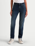Alpinestars Stella Flex-AST 5 Denim Pants Short, women's urban motorcycle riding jeans in indigo washed blue, single-layer tech denim with flexible knee protection worn by a model.