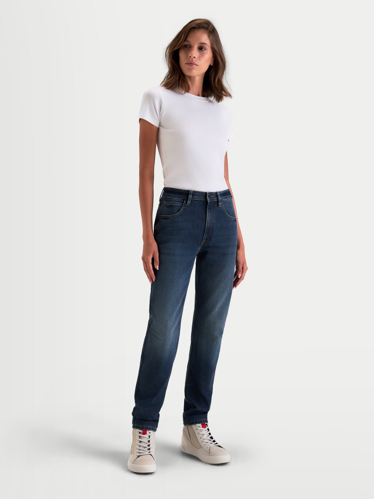 Alpinestars Stella Flex-AST 5 Denim Pants Short, women's urban motorcycle riding jeans in indigo washed, featuring single-layer Tech Denim construction and a slim fit worn by a model.